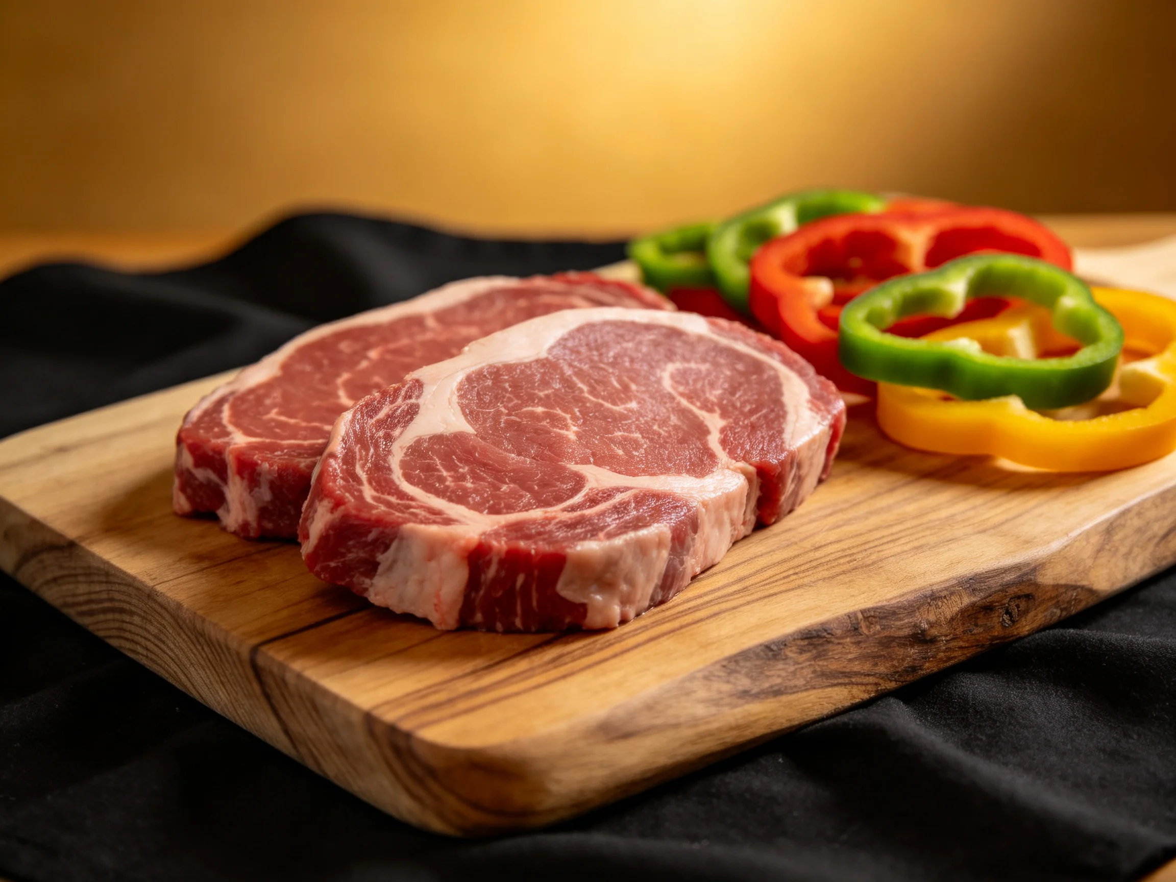 Two raw meat steaks with multicolored bell pepper slices on a wooden board
