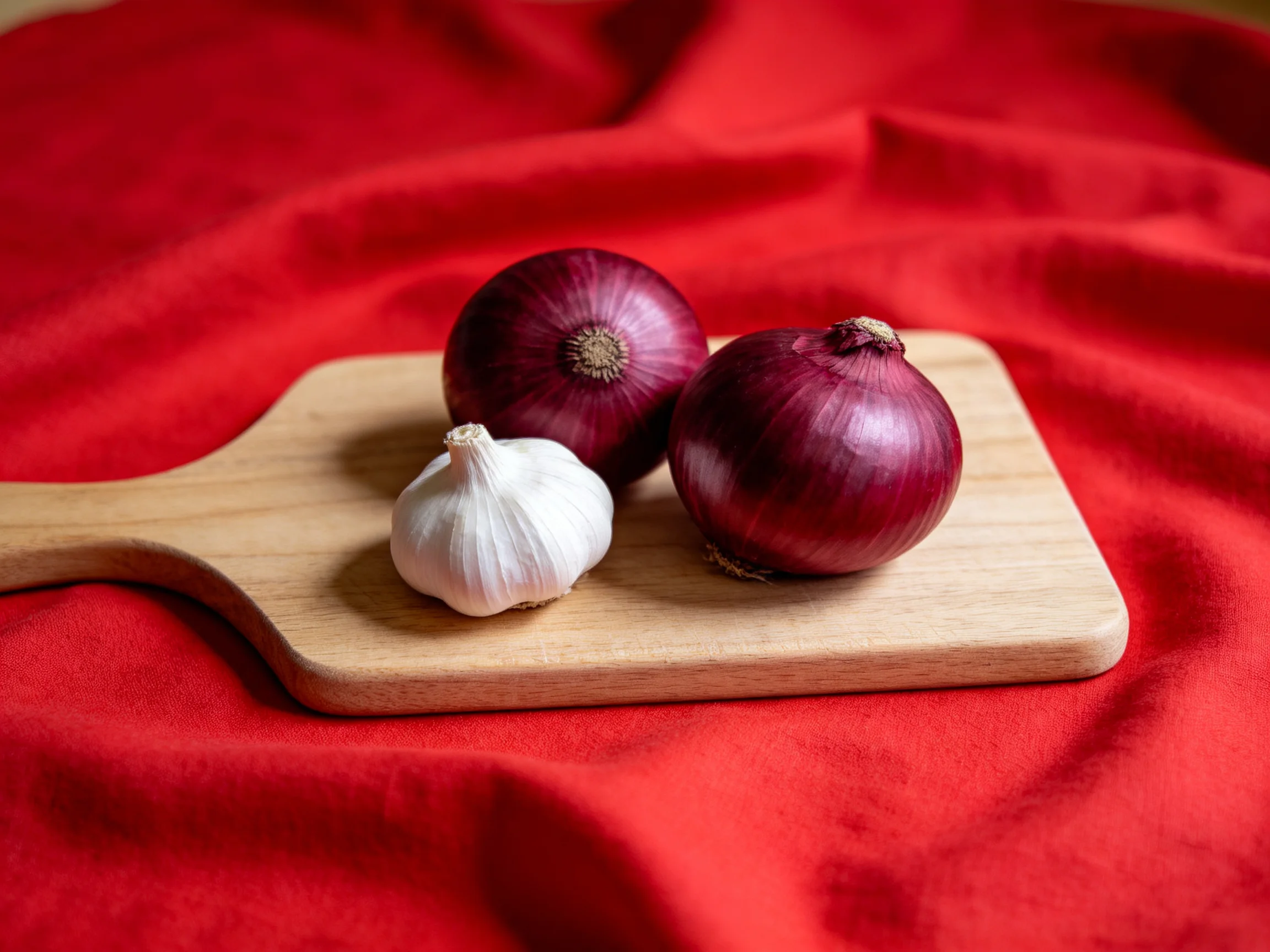 Two red onions and a white garlic bulb sit on a wooden cutting board atop red fabric.