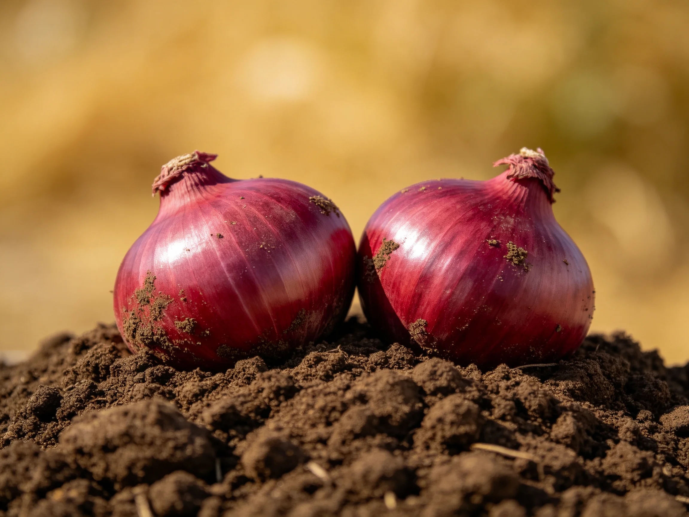 Two red onions rest on dark soil with a blurred golden background