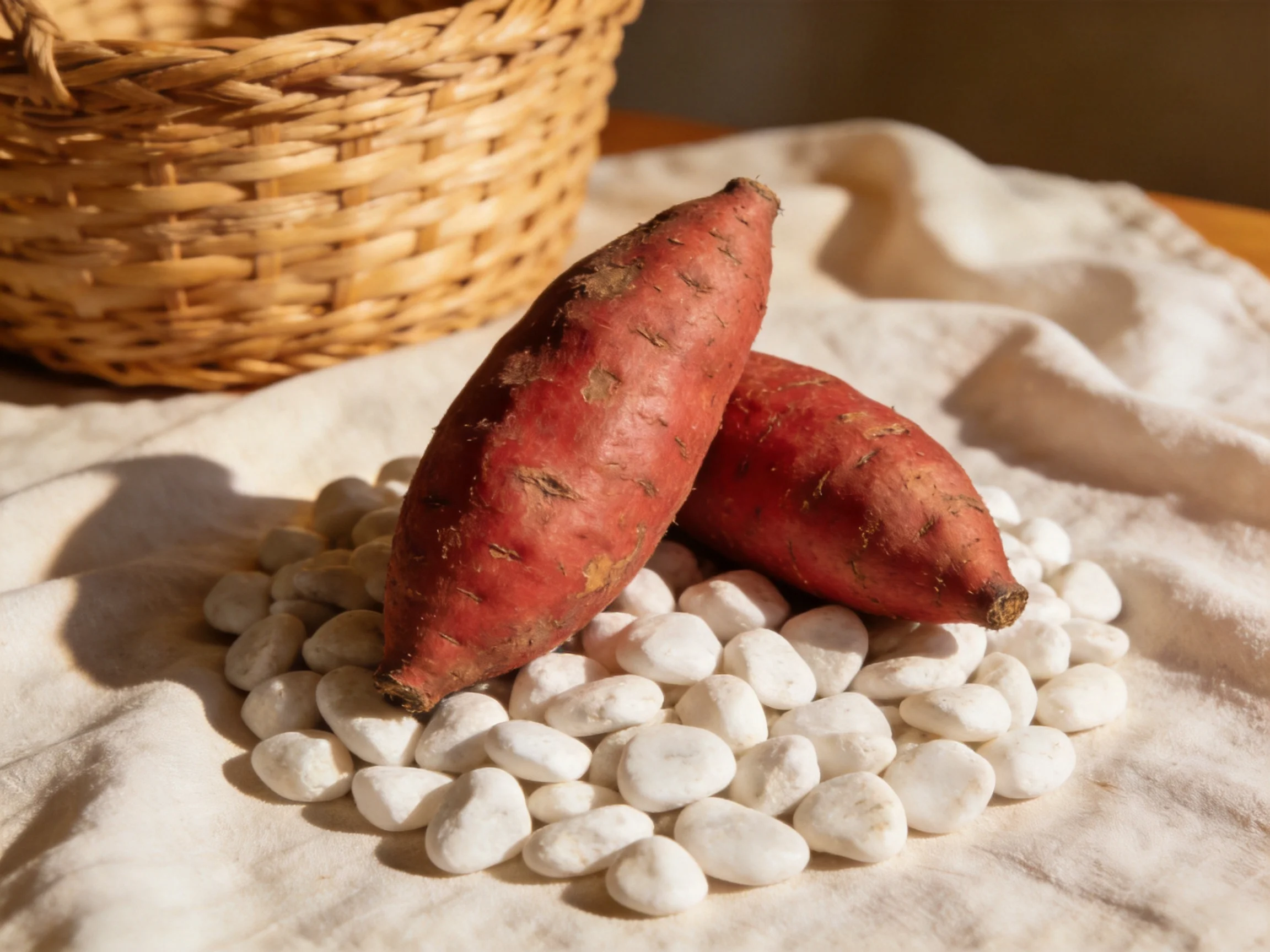 Two red sweet potatoes rest on white pebbles atop a cream-colored cloth with a wicker basket nearby