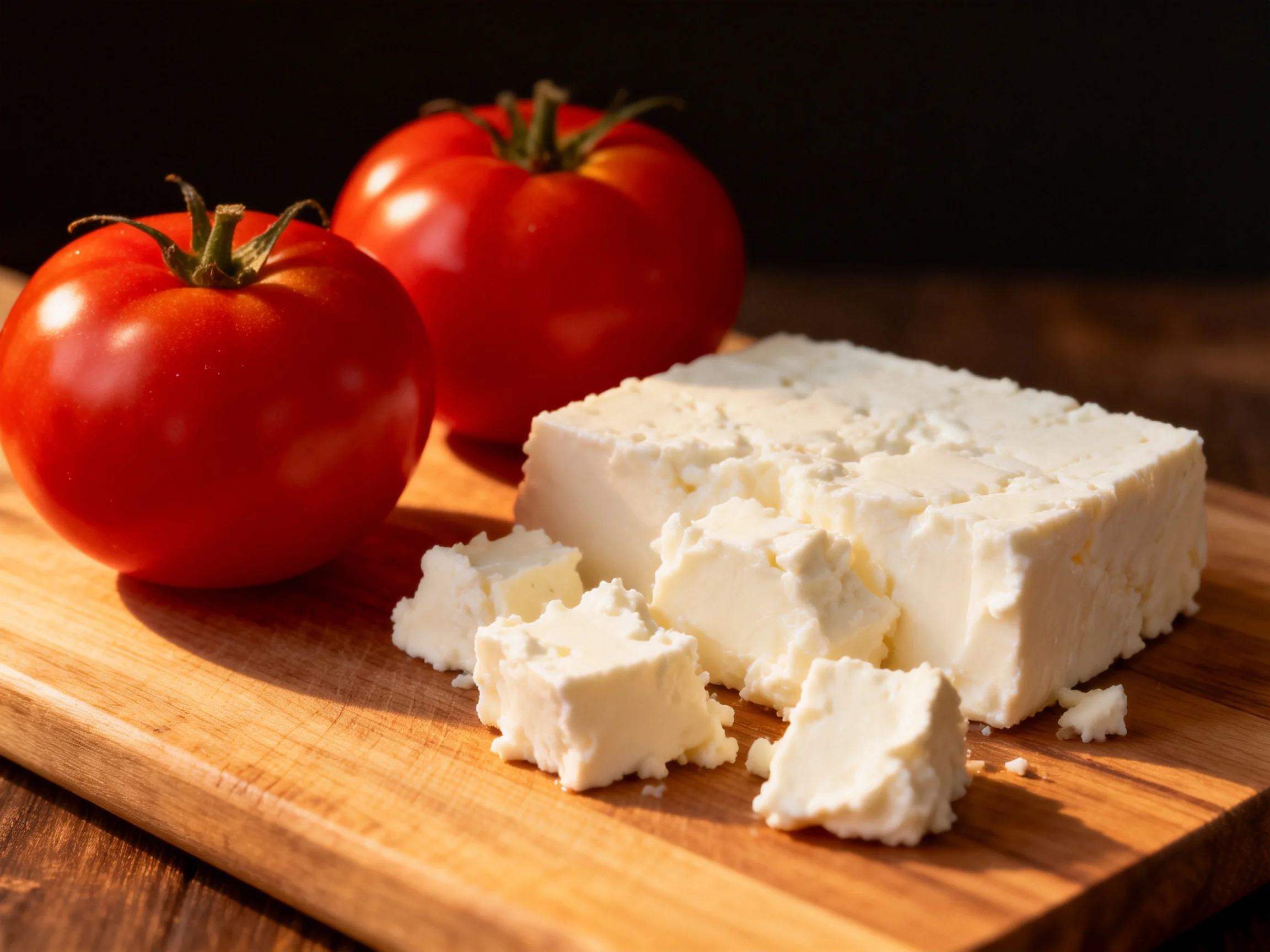 Two ripe red tomatoes beside a block of creamy white feta cheese on a wooden cutting board