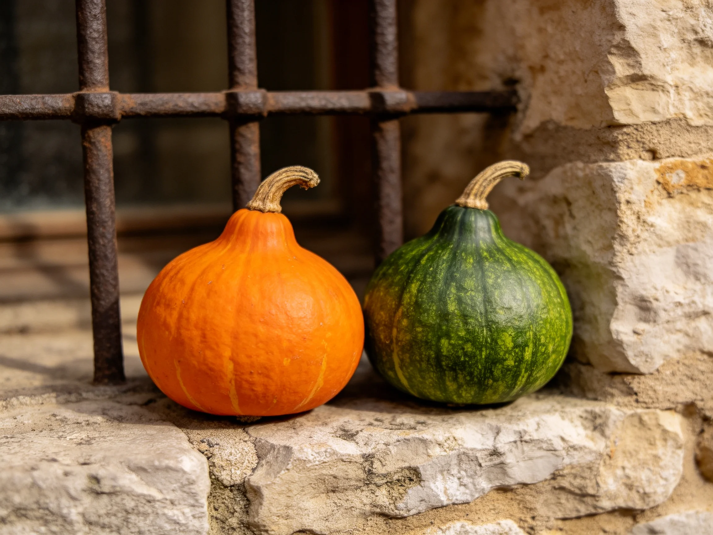 Two round gourds, one orange and one green, rest on a stone ledge near an iron window grill