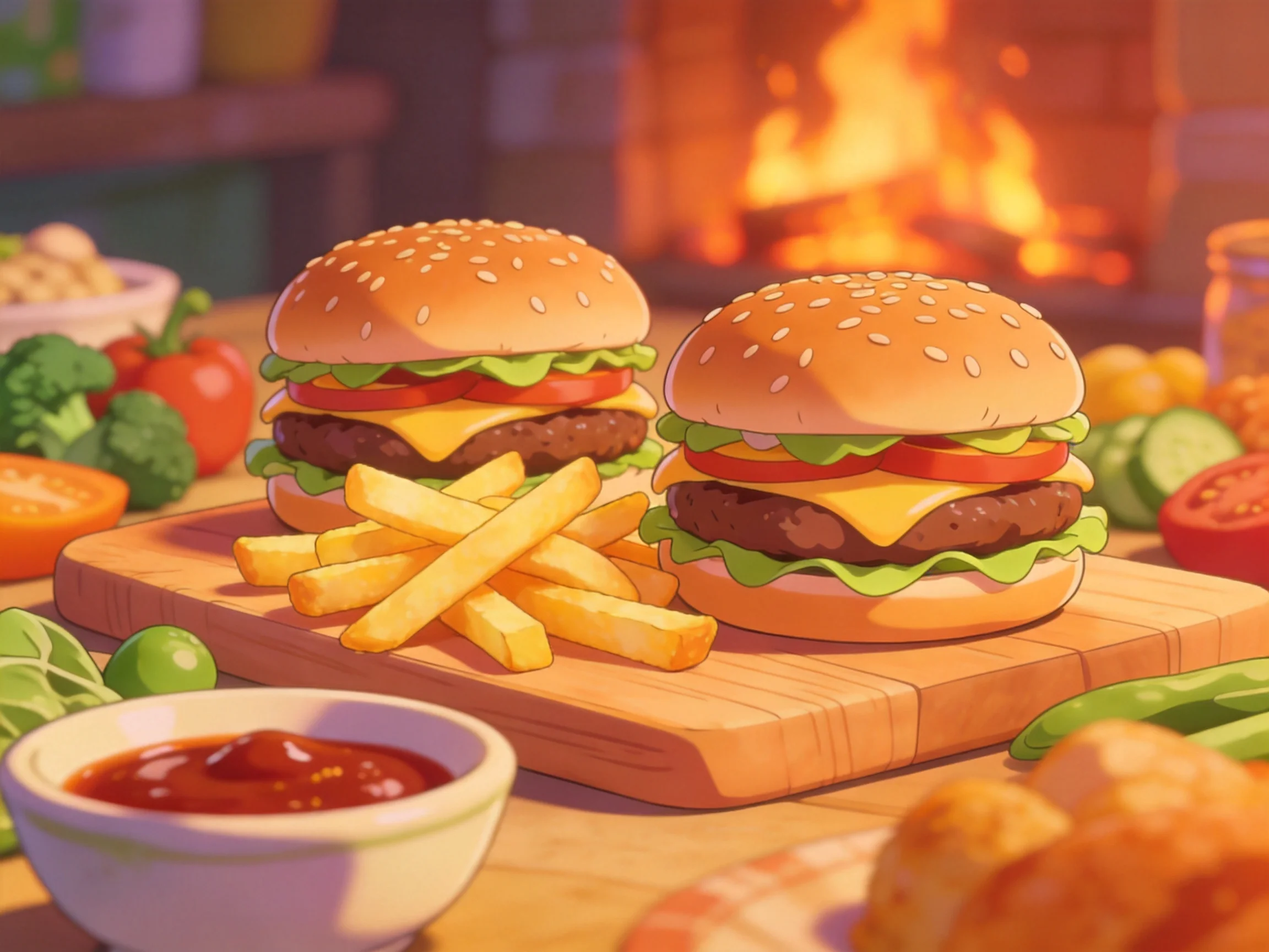Two sesame seed burgers with fries and fresh vegetables near a glowing fireplace