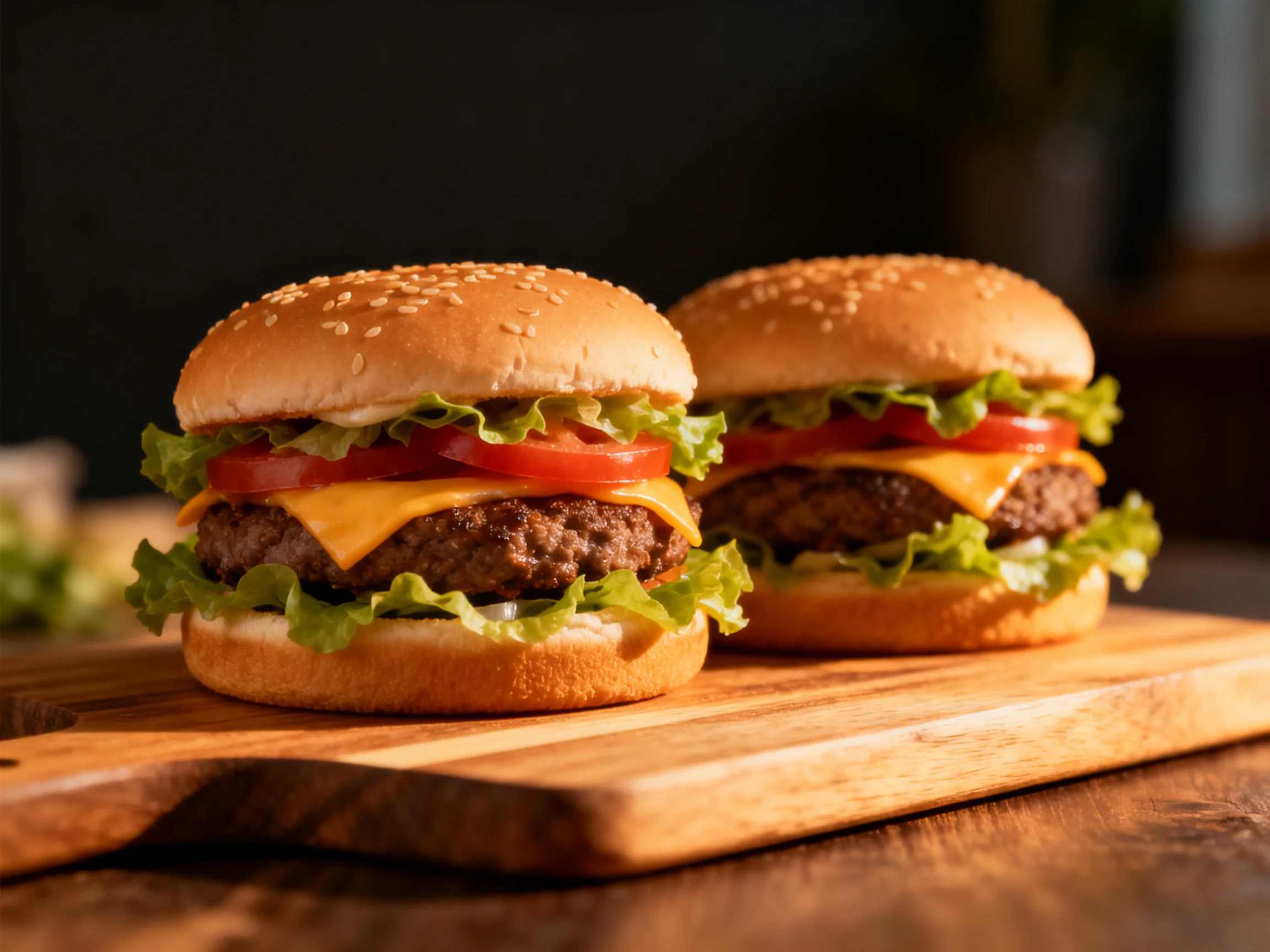 Two sesame seed hamburger sandwiches with lettuce, tomato, and cheese on a wooden board