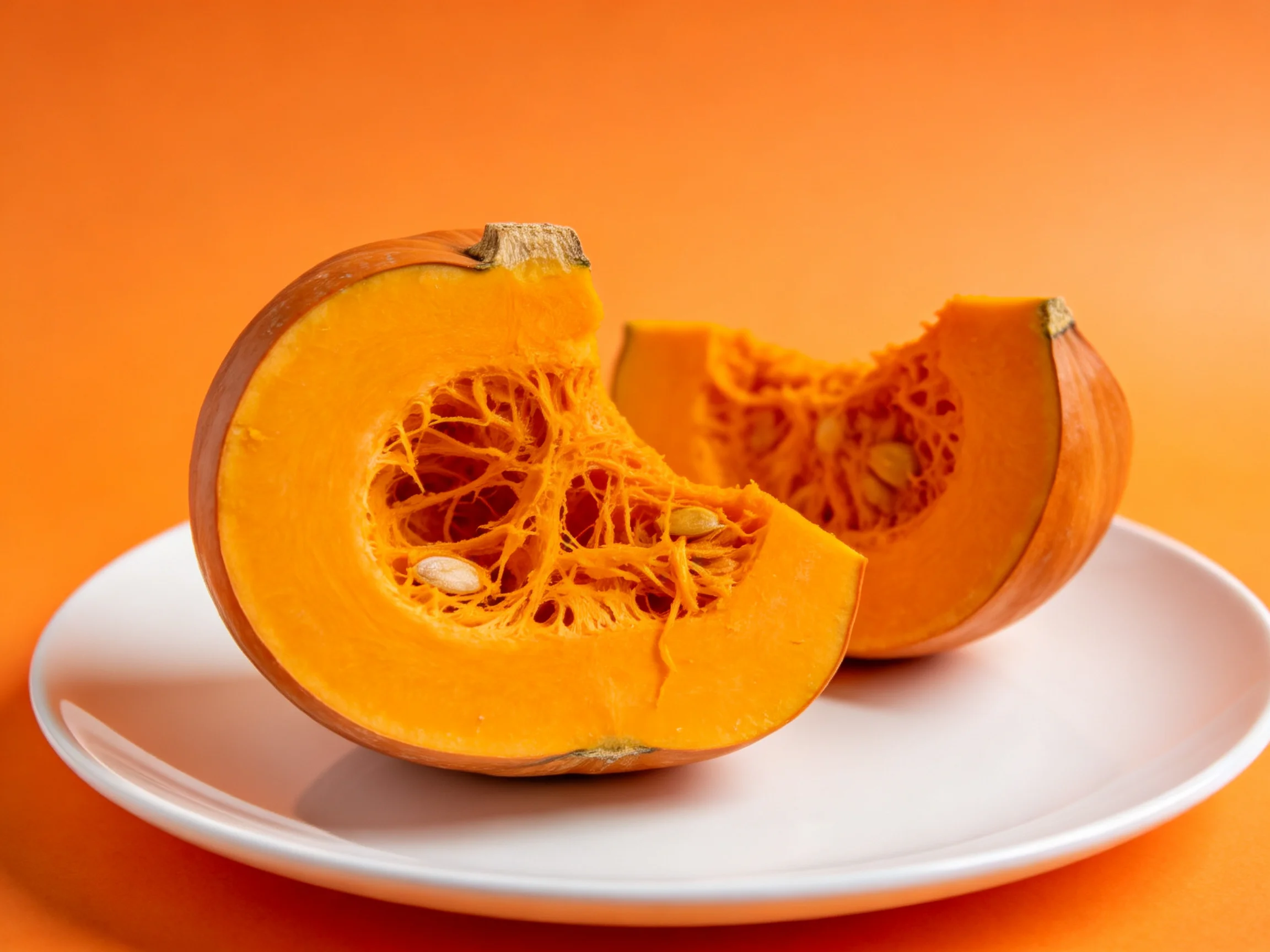Two sliced orange pumpkins arranged on a white plate against an orange backdrop