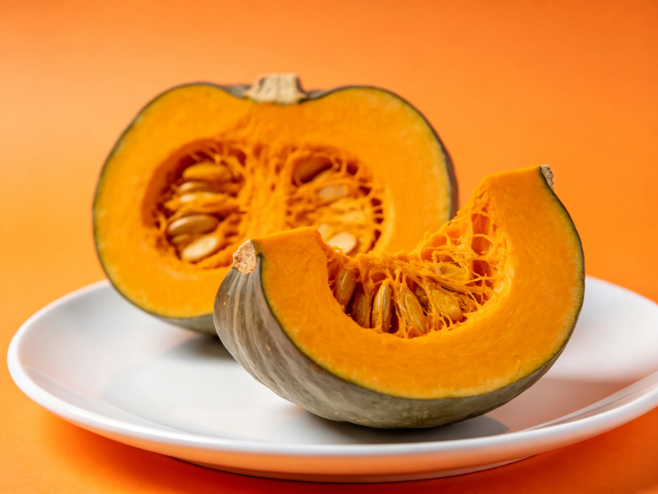 Two sliced pumpkins displayed on white plate against orange background