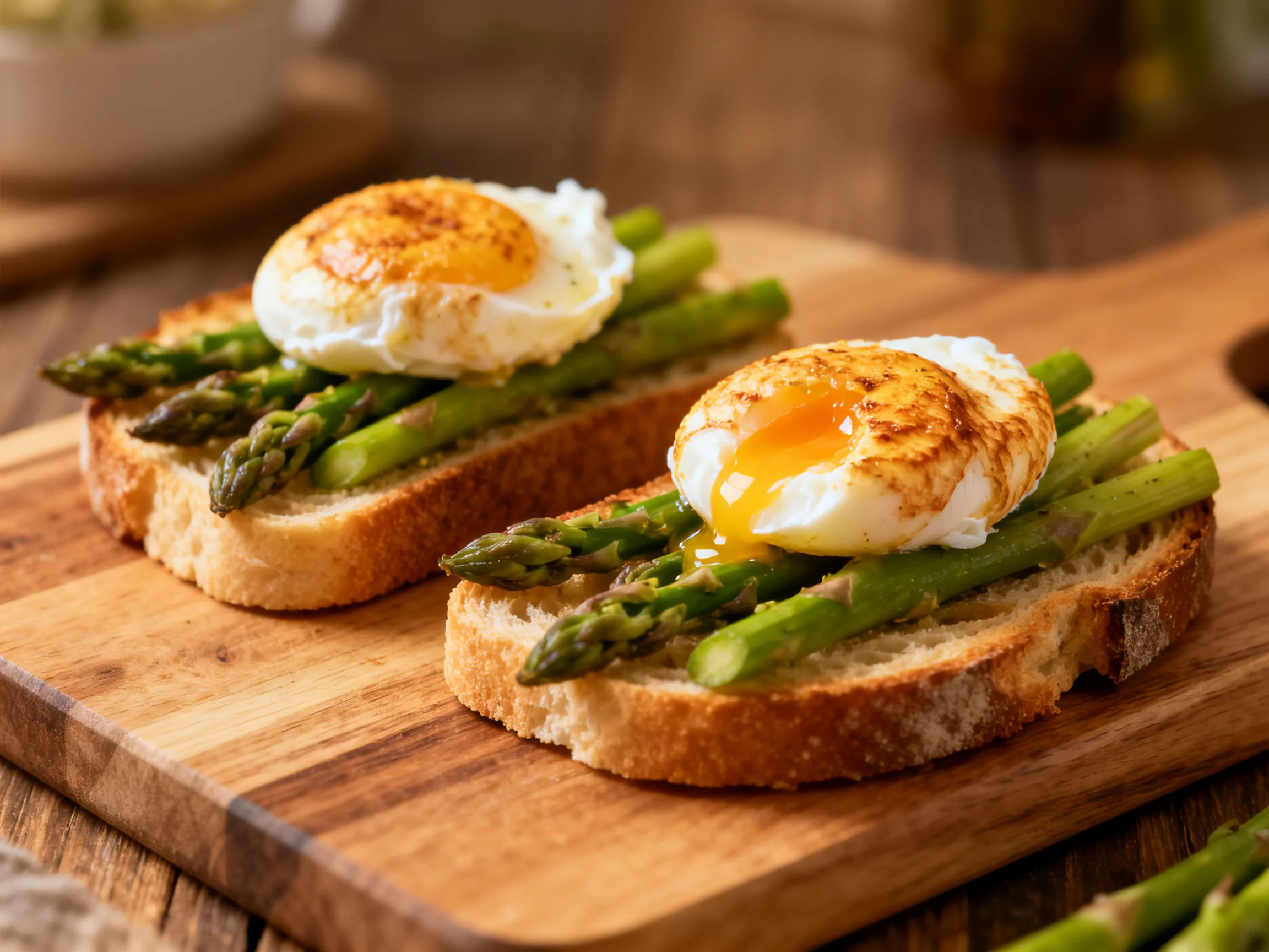 Two slices of toasted bread with asparagus and poached eggs on a wooden board