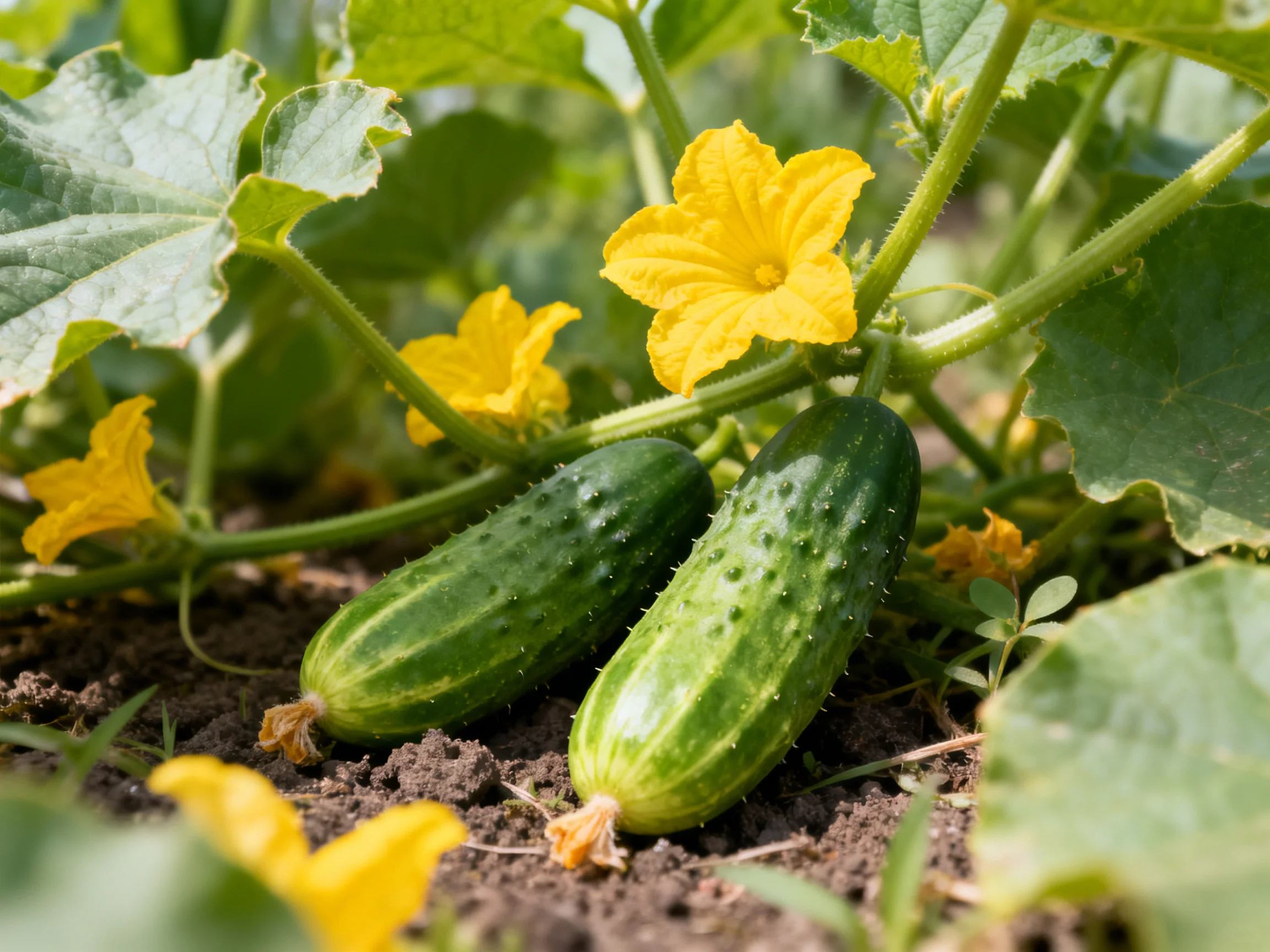 Two small green cucumbers near vibrant yellow flowers and broad green leaves