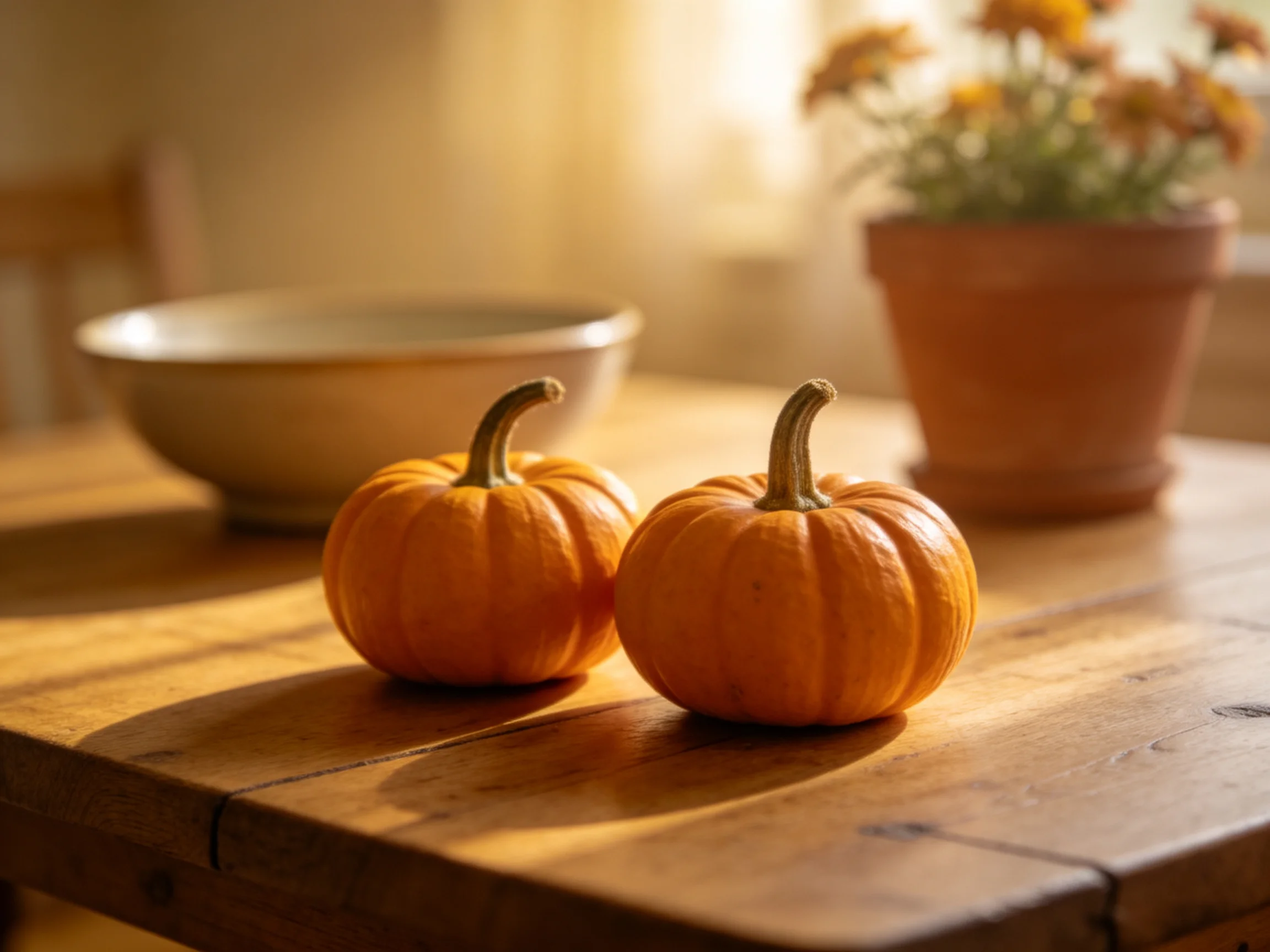 Two small orange pumpkins on a wooden table with a bowl and flower pot