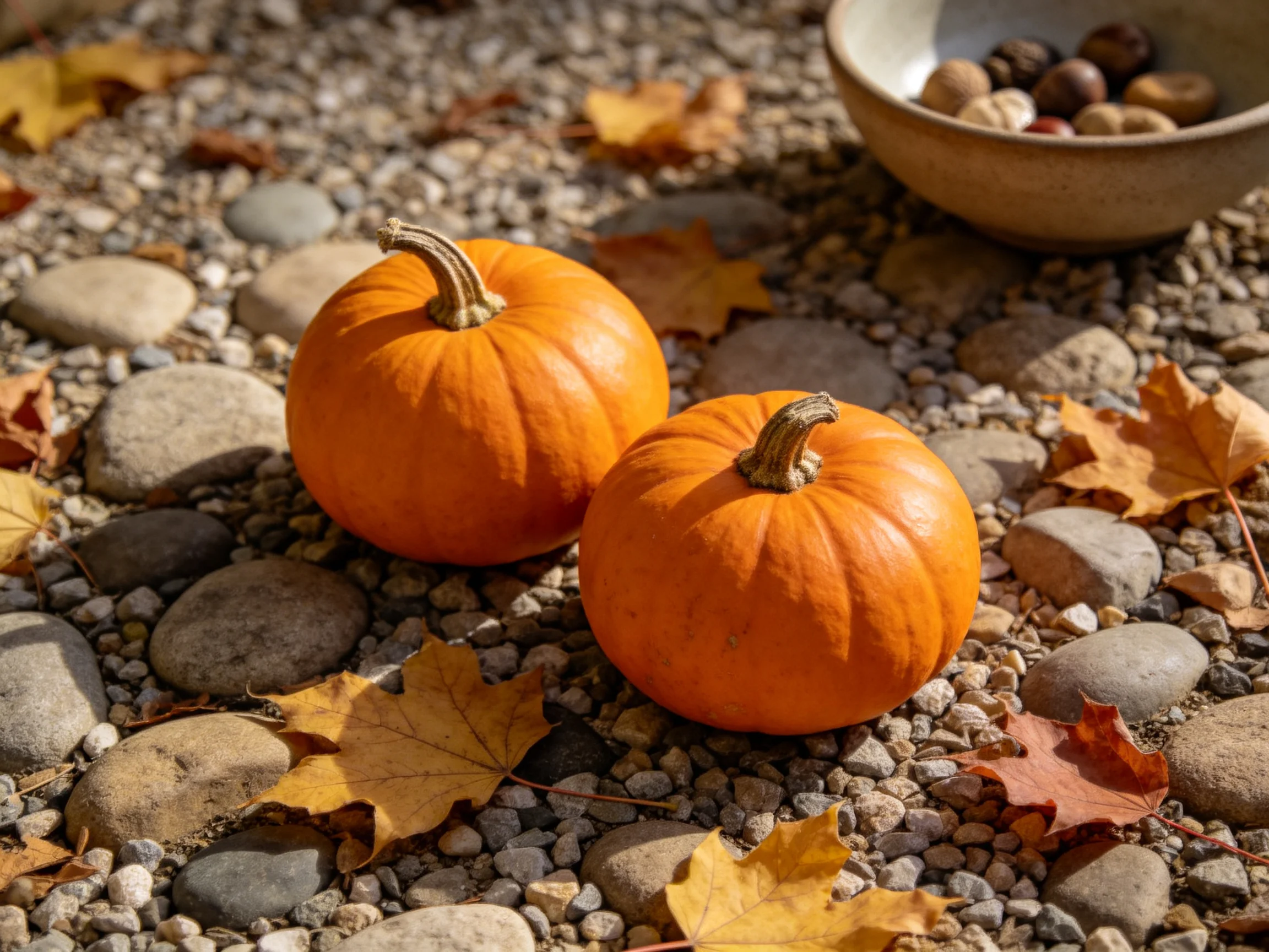 Two small orange pumpkins rest on a gravel path with fallen autumn leaves and a nut-filled bowl