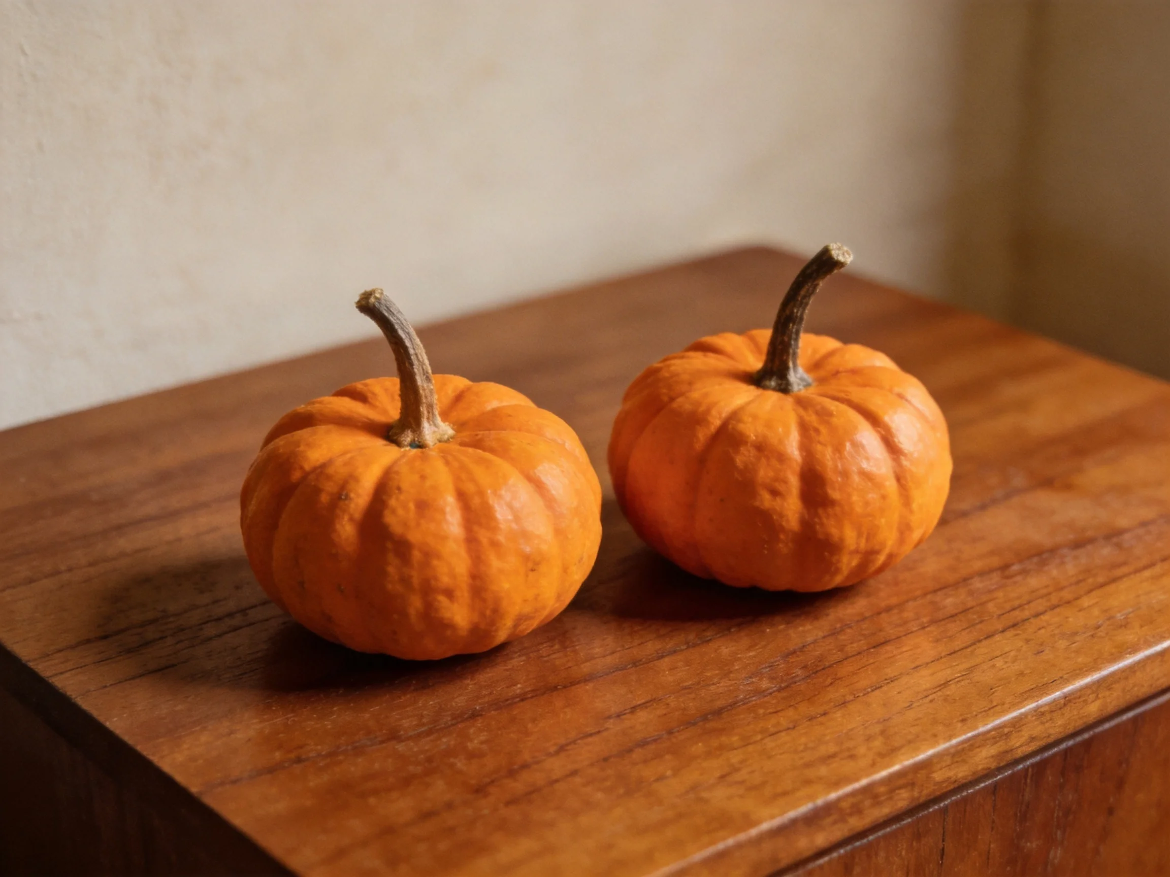 Two small orange pumpkins rest on a polished wooden surface