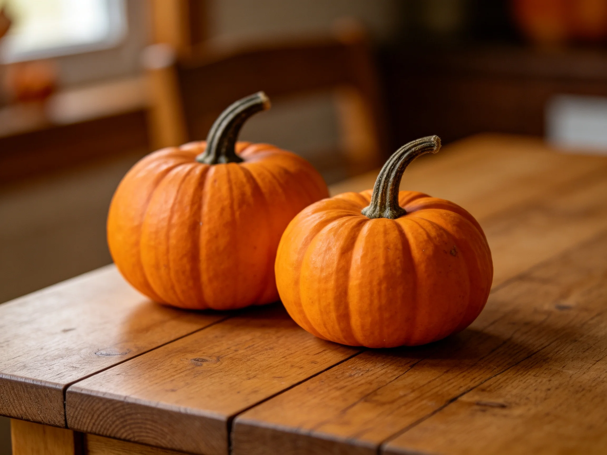 Two small orange pumpkins rest on a polished wooden table