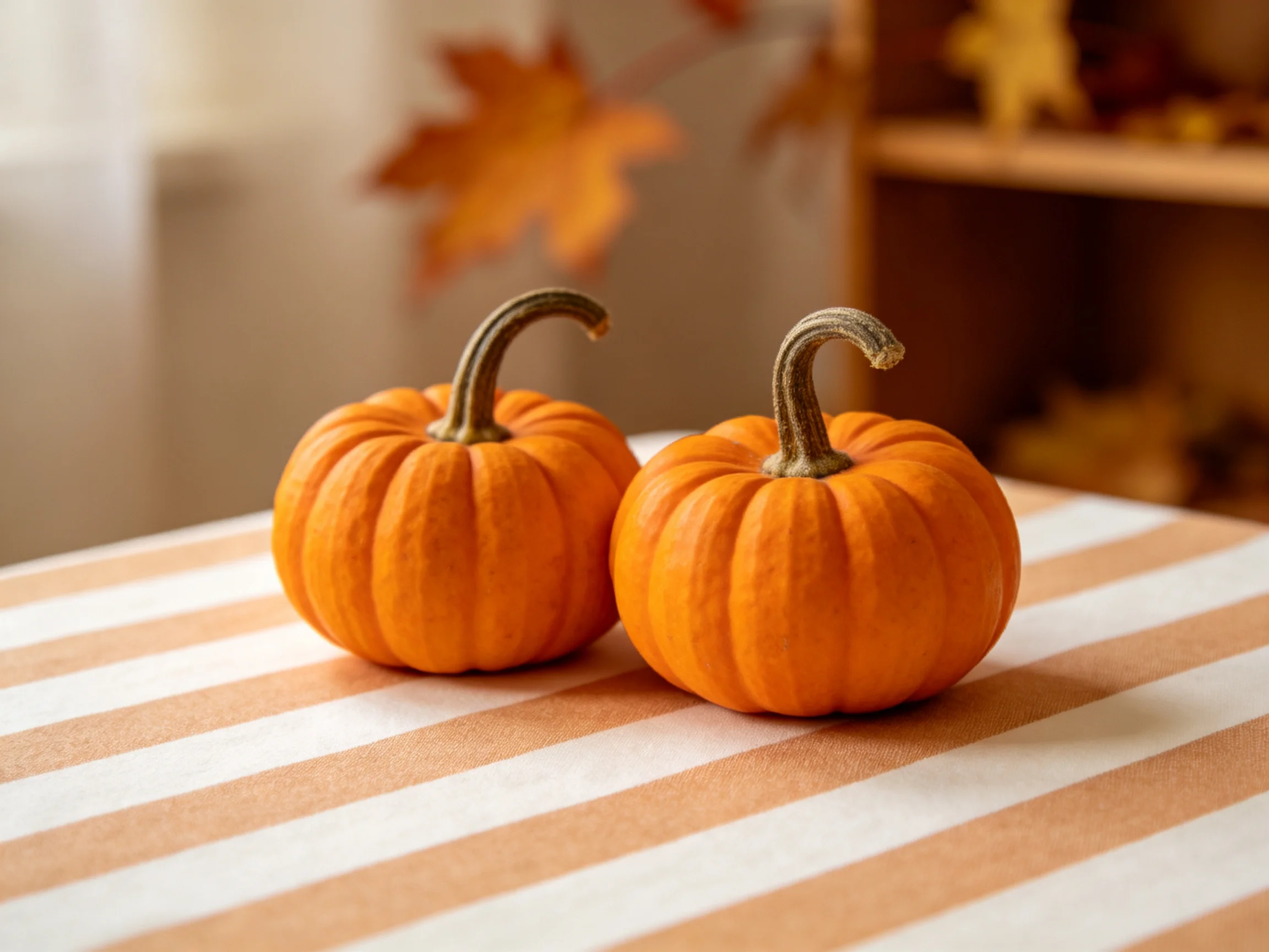 Two small orange pumpkins rest on a striped tablecloth with autumn decor