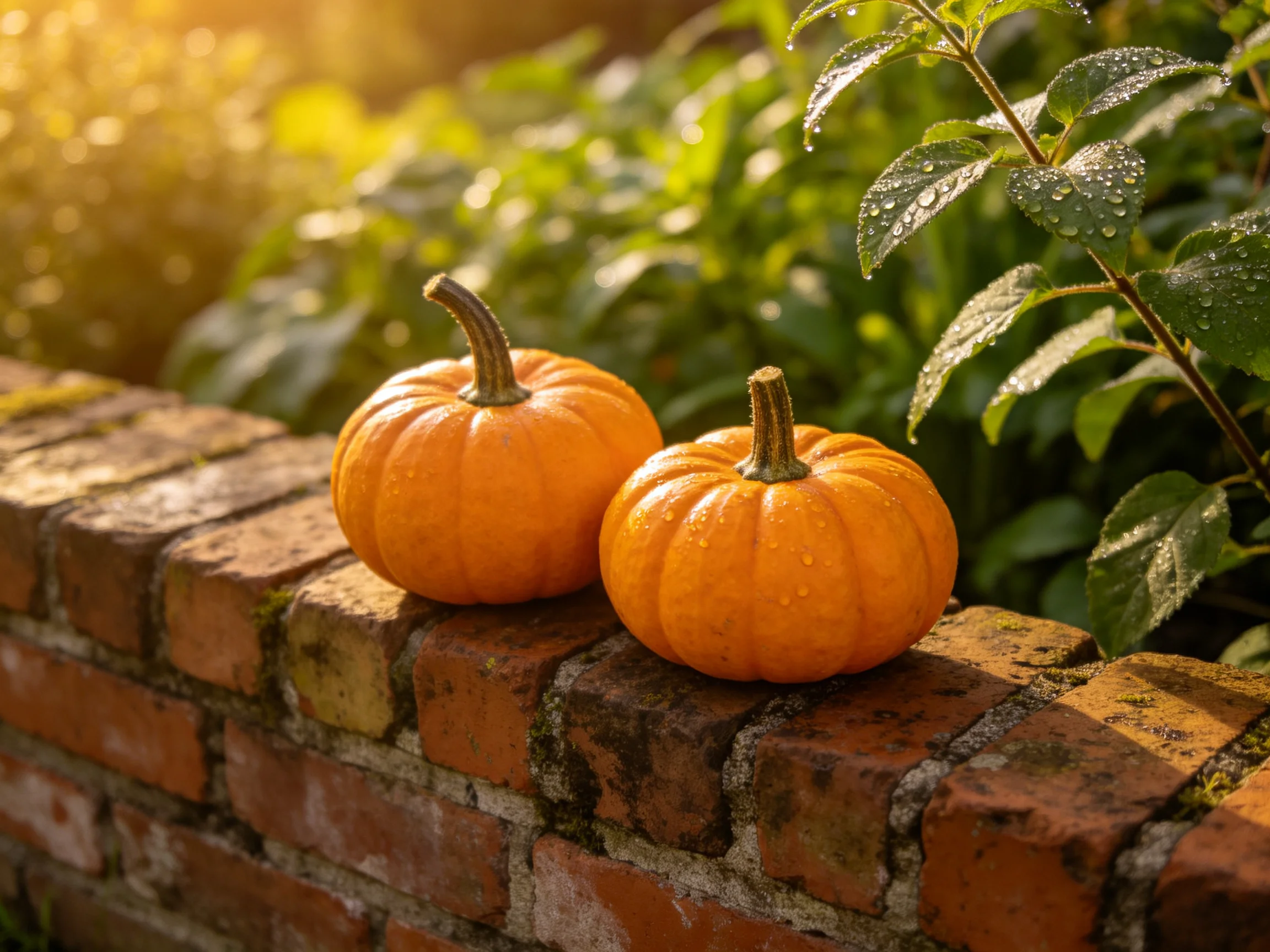 Two small orange pumpkins rest on an aged brick wall amid verdant foliage