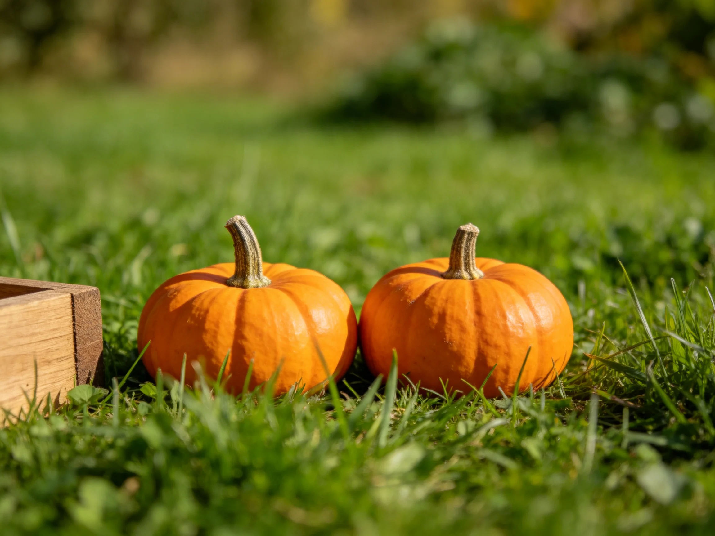 Two small orange pumpkins sit beside a wooden box on green grass
