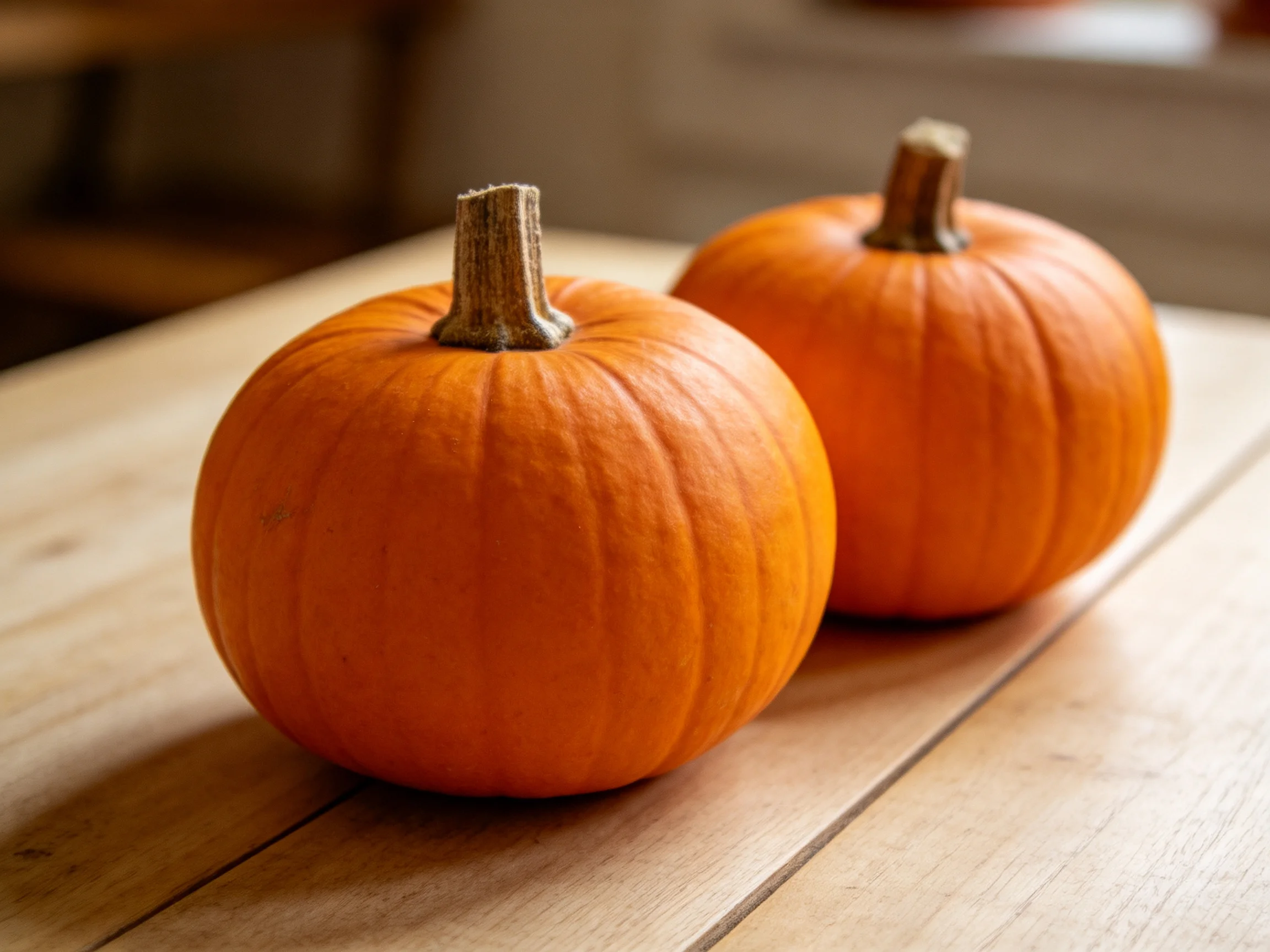 Two small orange pumpkins sit on a light wooden table