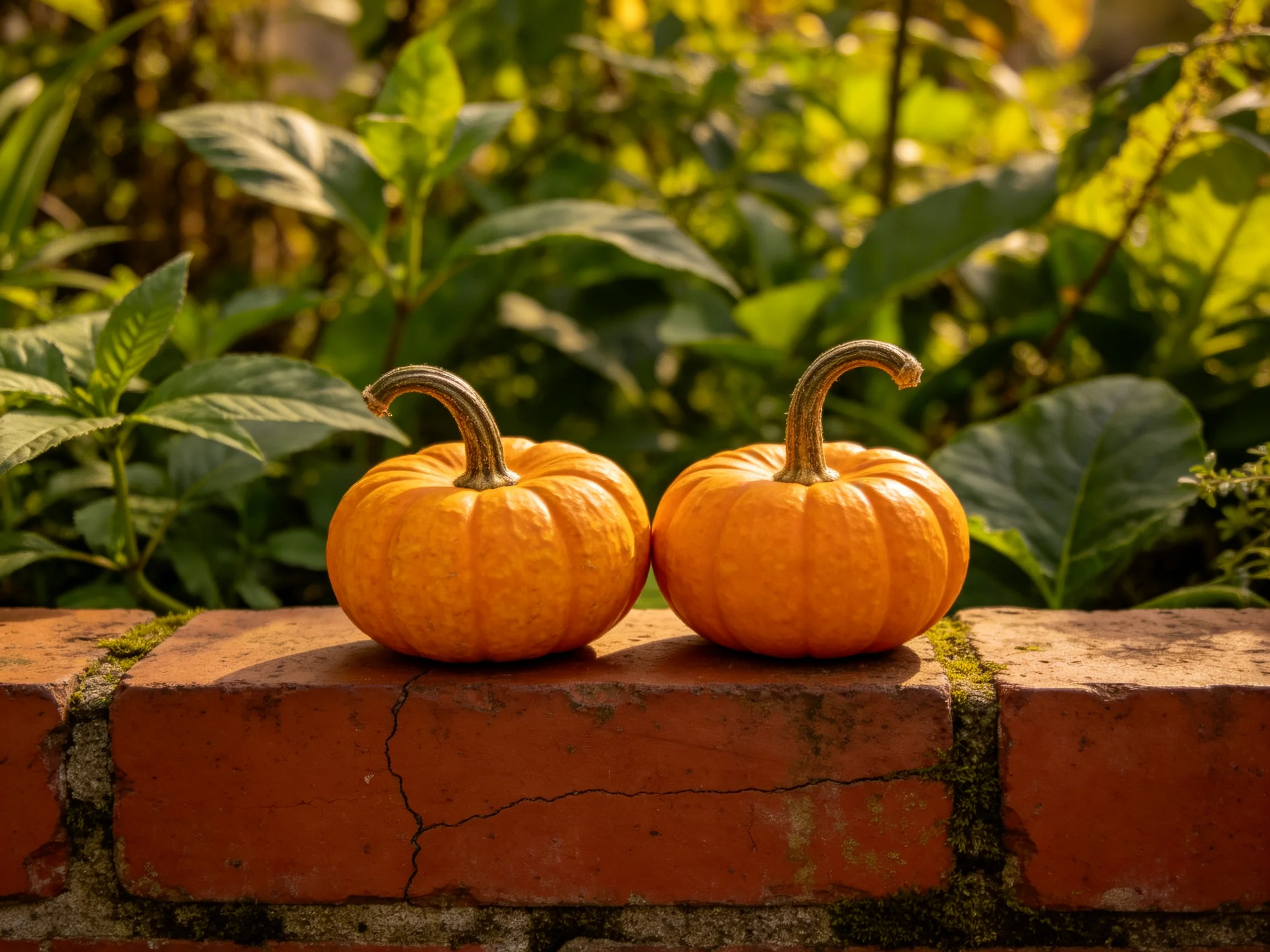 Two small orange pumpkins sit on a weathered brick wall with lush green foliage