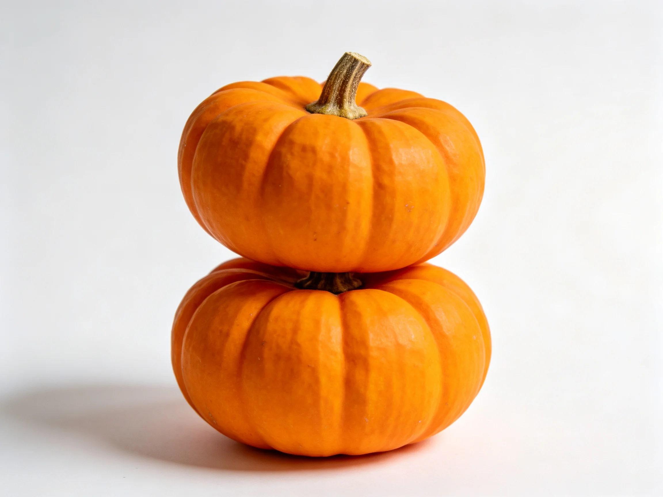 Two small orange pumpkins stacked vertically on a plain white surface