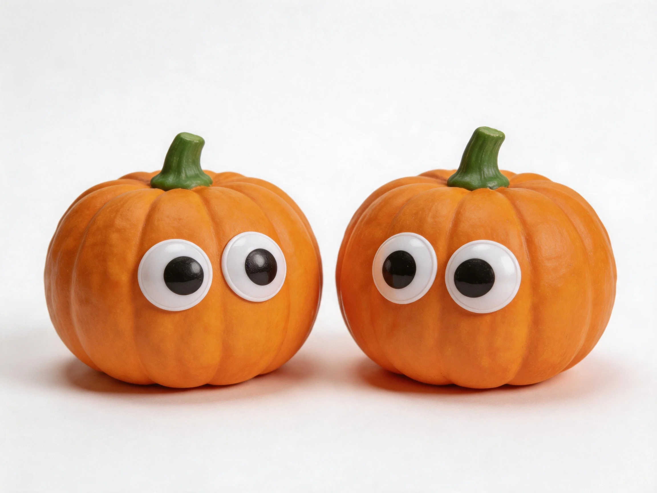 Two small orange pumpkins with white and black googly eyes on a plain white surface