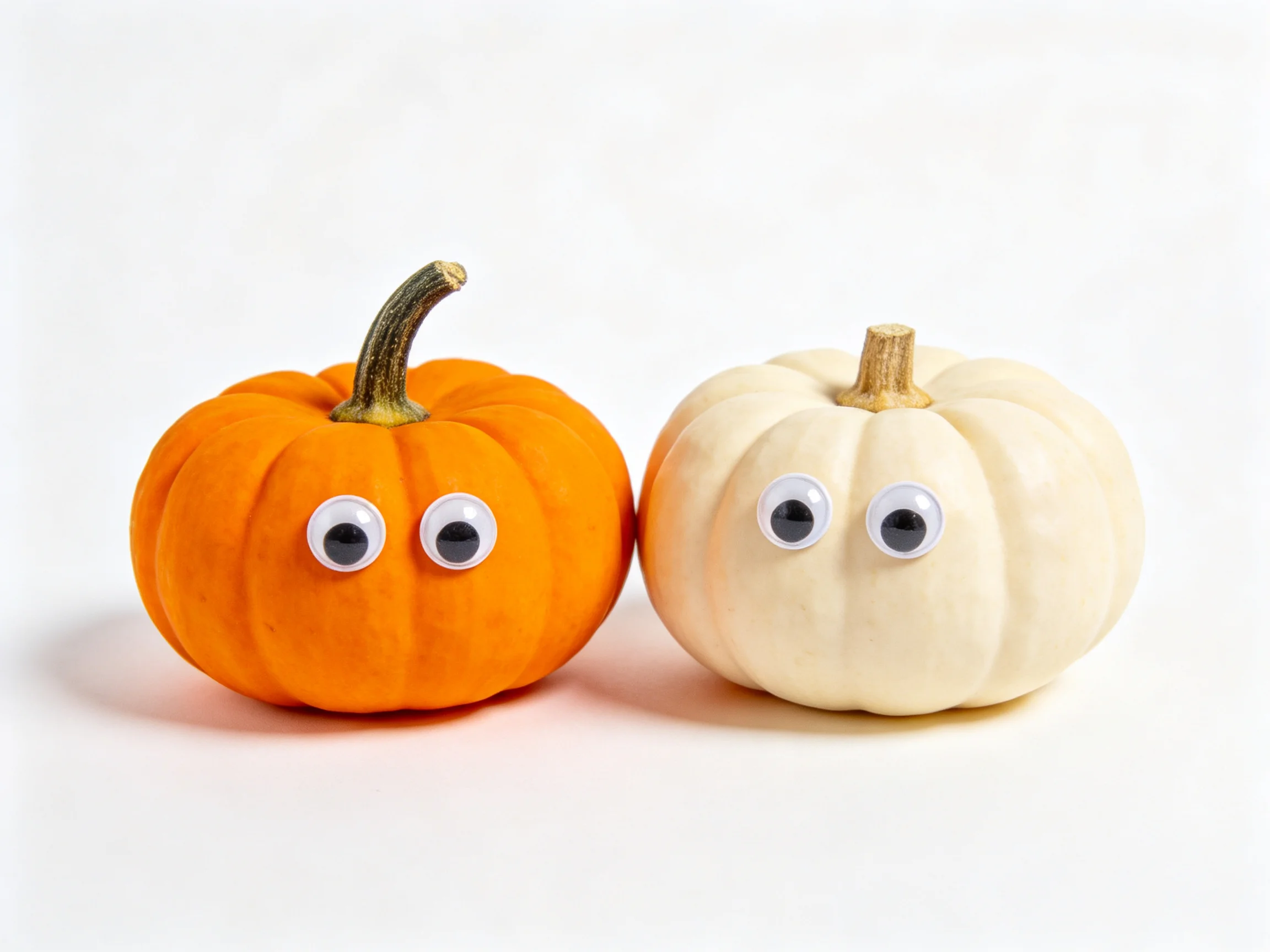 Two small pumpkins, one orange and one white, with attached googly eyes