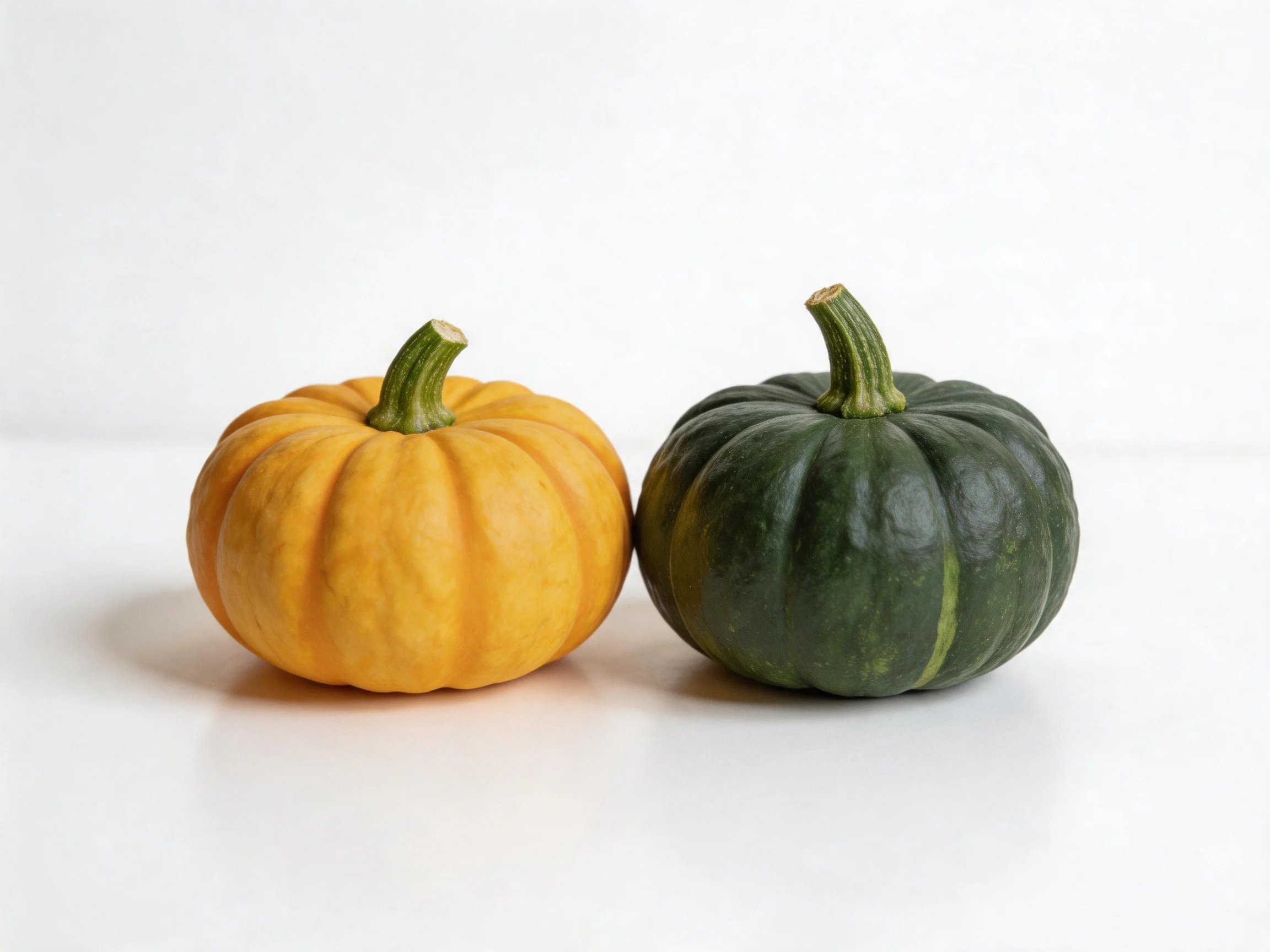 Two small round pumpkins, one orange and one dark green, placed side by side