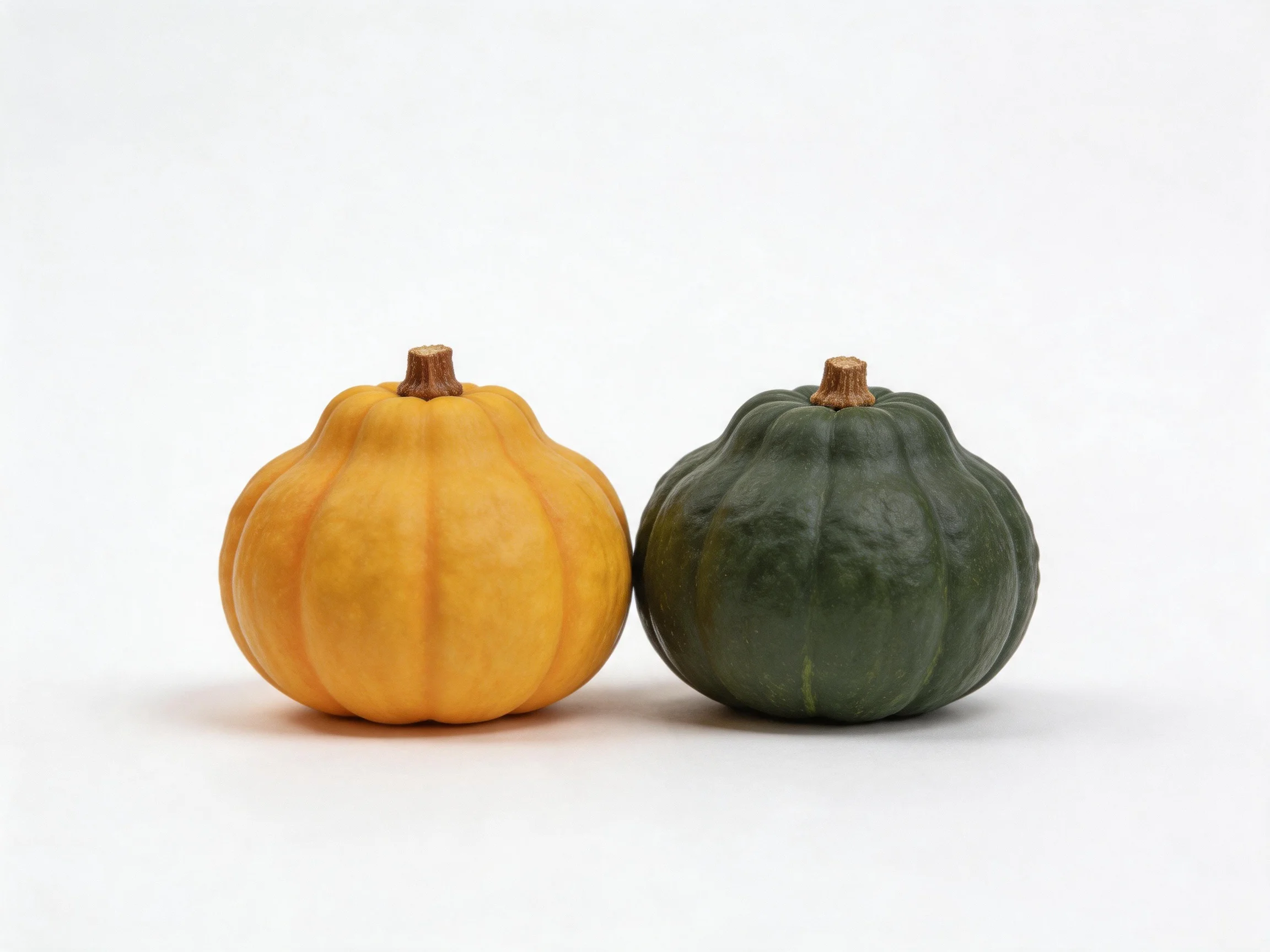 Two small round squashes, one yellow-orange, one dark green, on a white surface