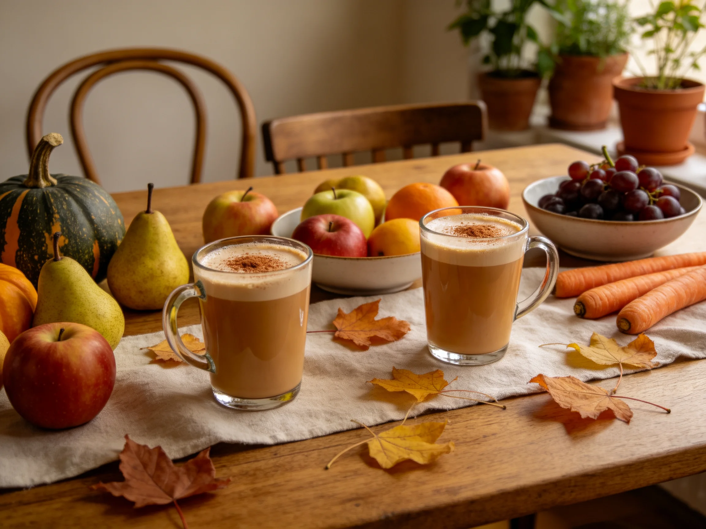 Two spiced lattes on a wooden table with autumn fruits, vegetables, and decor
