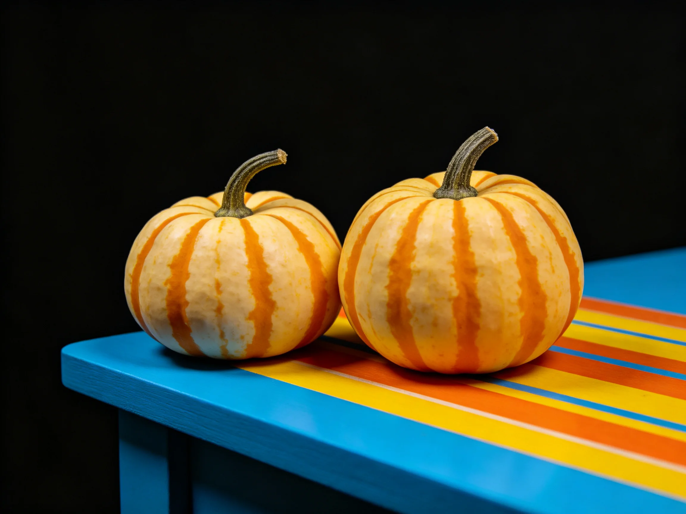 Two striped mini pumpkins rest on a vibrant multicolored table