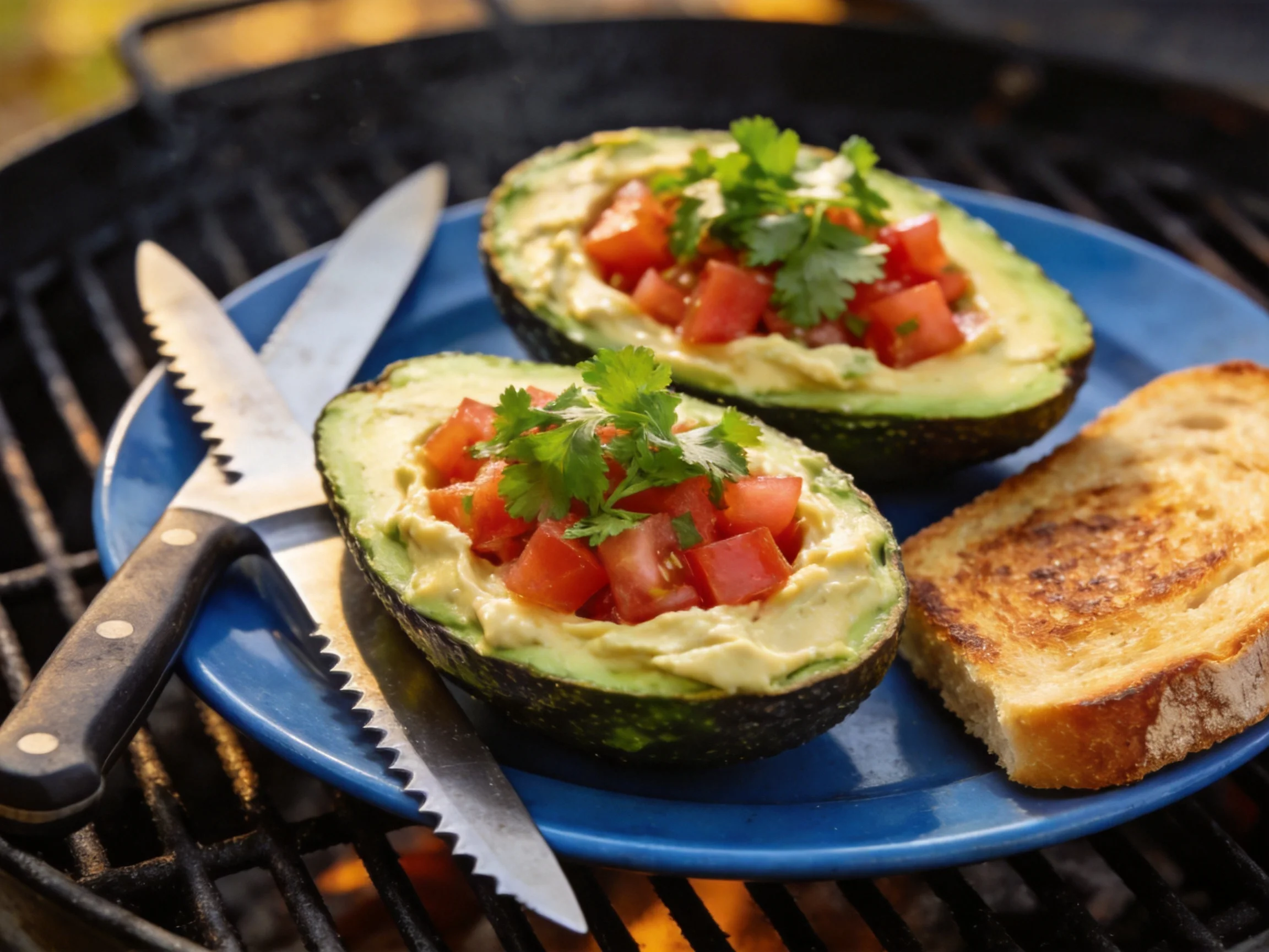 Two stuffed avocados with tomatoes and cilantro on a blue plate near grilled bread
