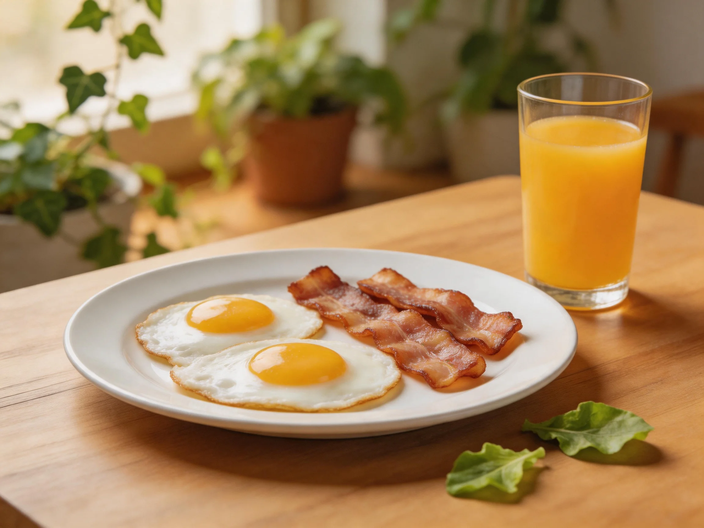 Two sunny-side up eggs, crispy bacon, and orange juice on a wooden table