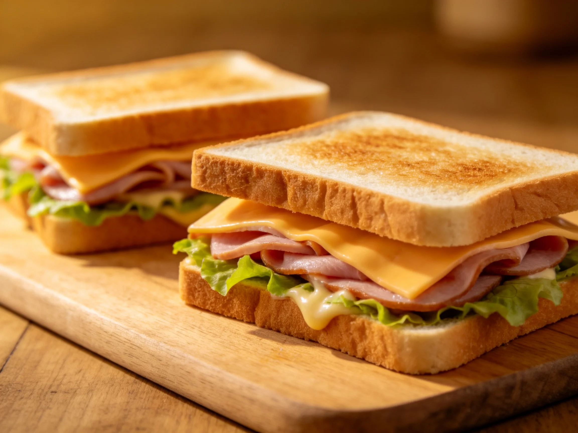 Two toasted ham and cheese sandwiches with lettuce on a wooden board