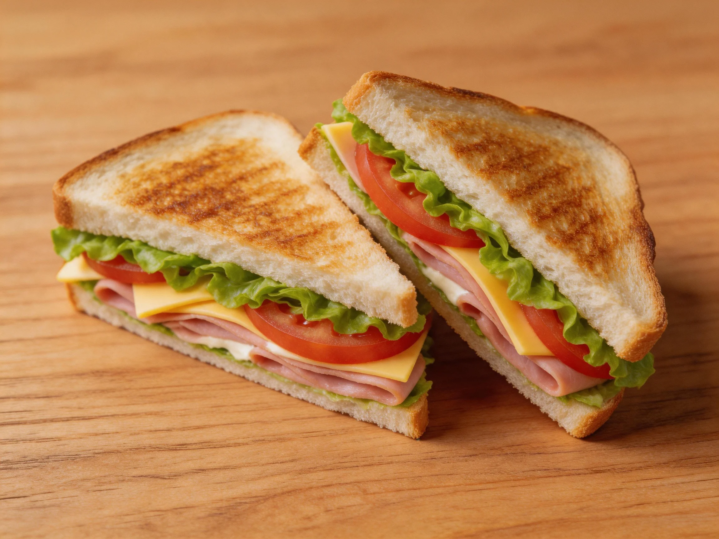 Two toasted triangular sandwiches with layers of lettuce, tomato, cheese, and ham