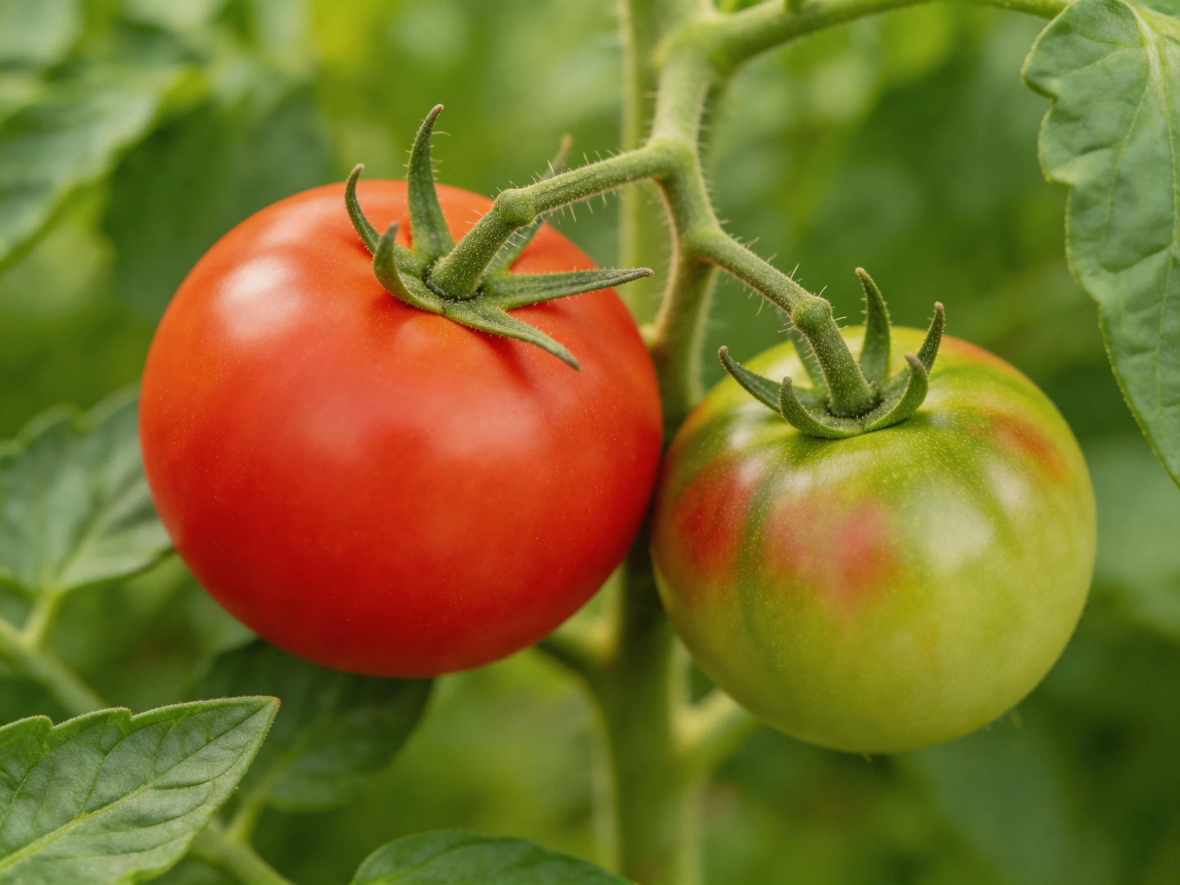 Two tomatoes, one ripe red, one unripe green, growing on a leafy vine