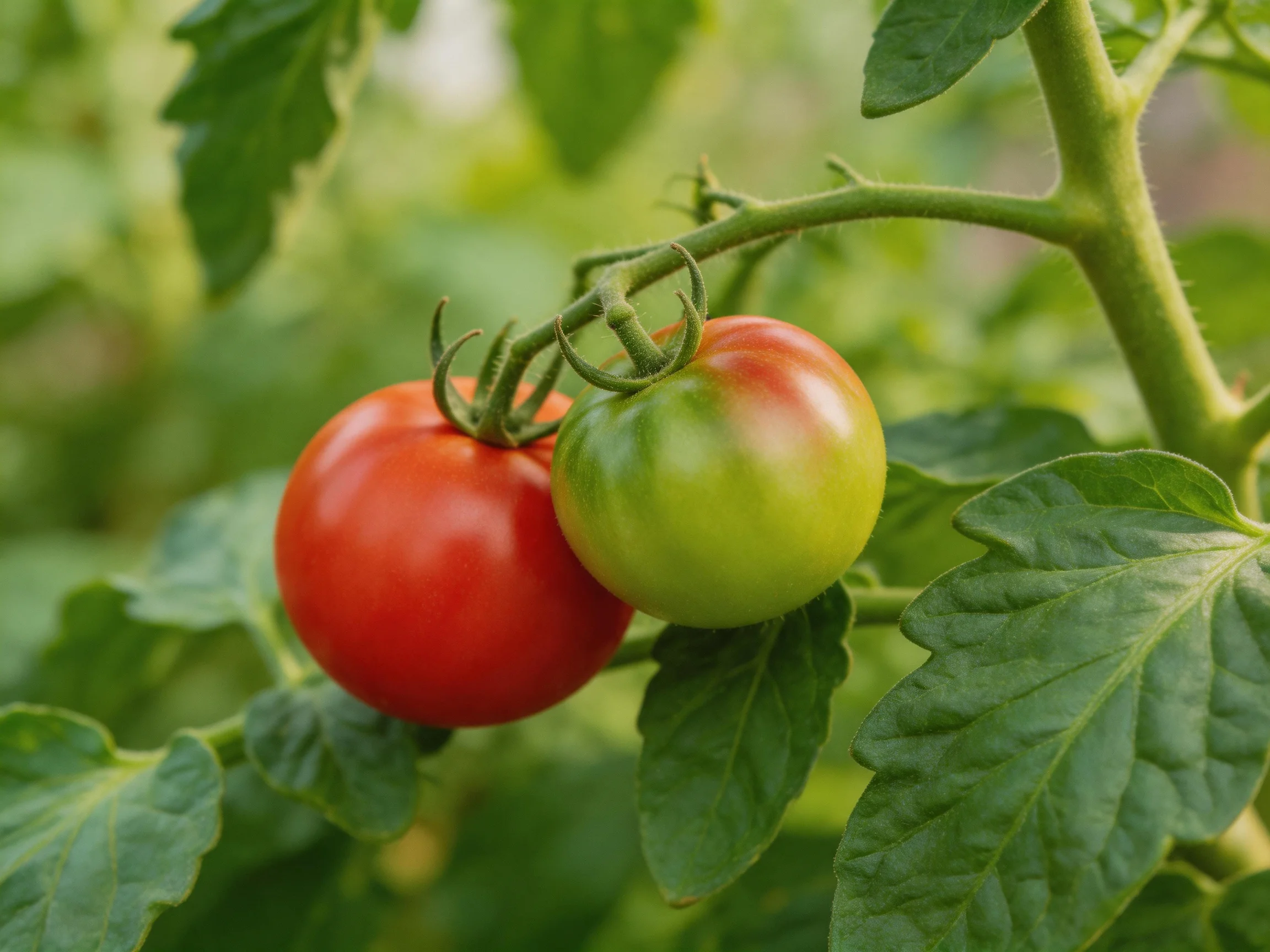 Two tomatoes, one ripe red, one unripe green, growing on a leafy vine