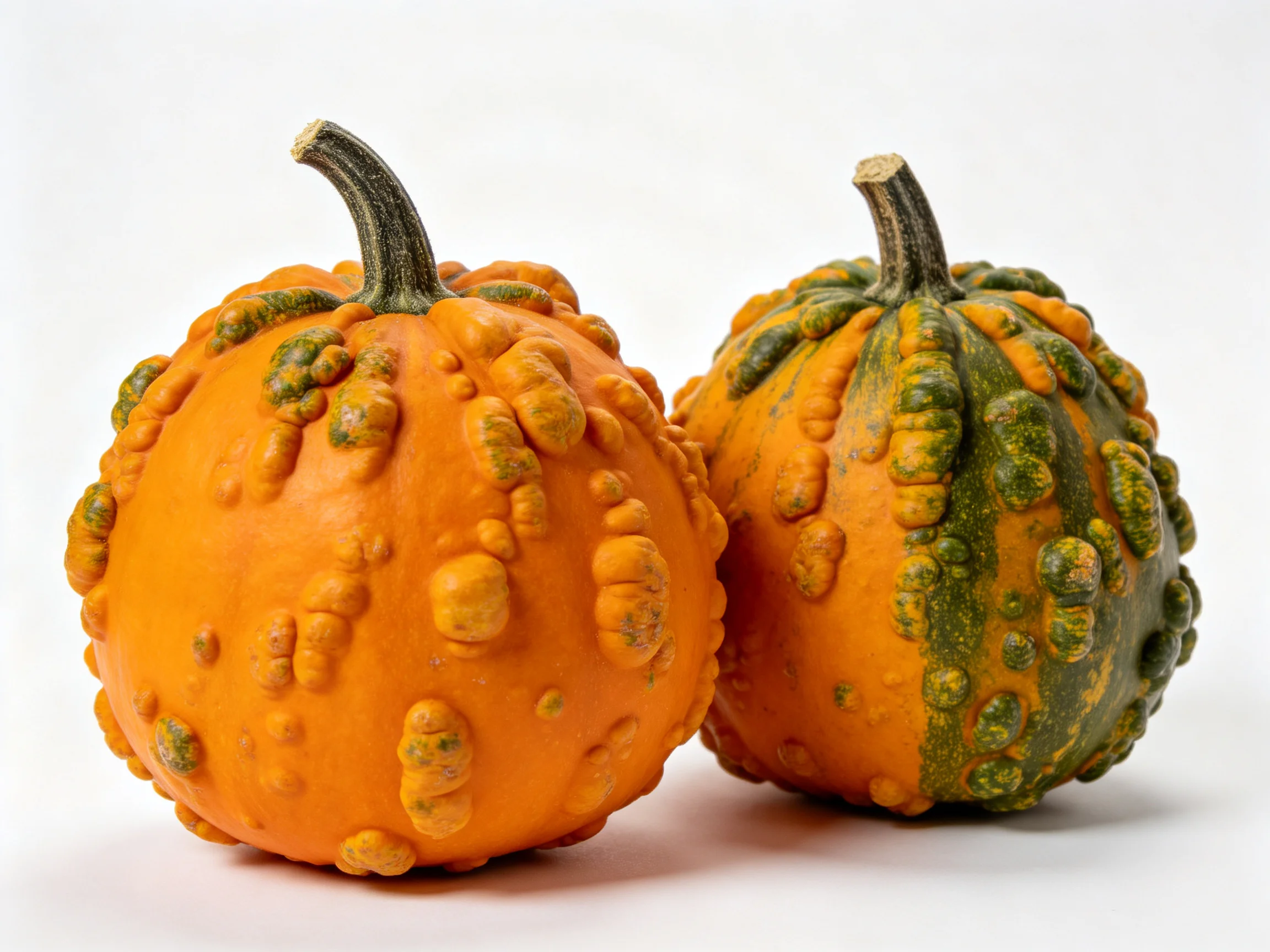 Two uniquely textured orange and variegated gourds with bulbous bumps