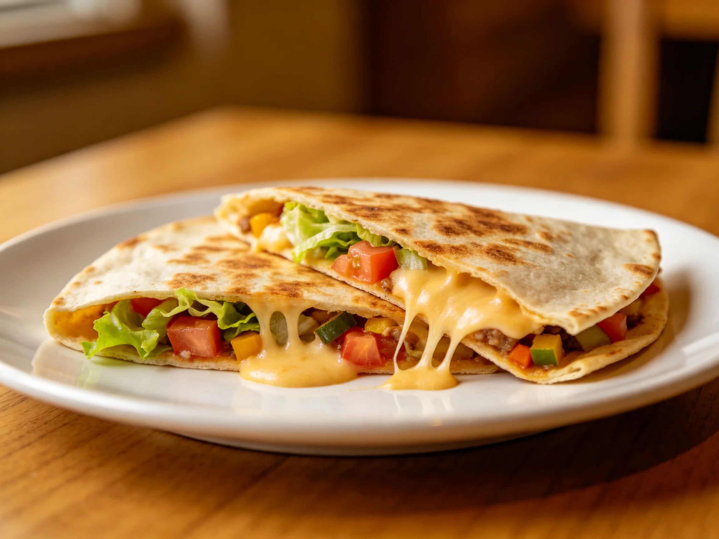 Quesadillas with melted cheese and veggies served on a white plate.