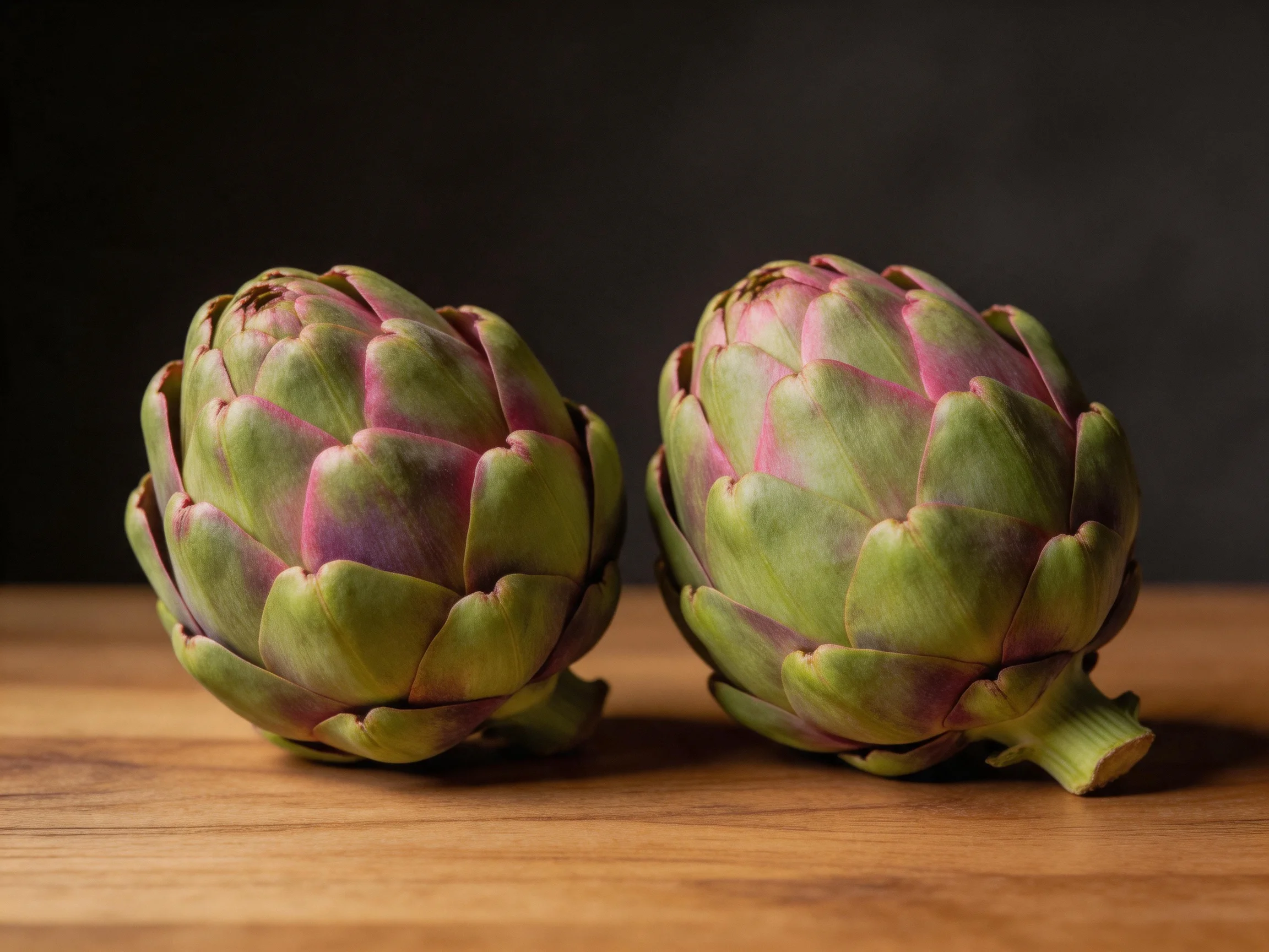 Two vibrant artichoke buds rest on a polished wooden surface