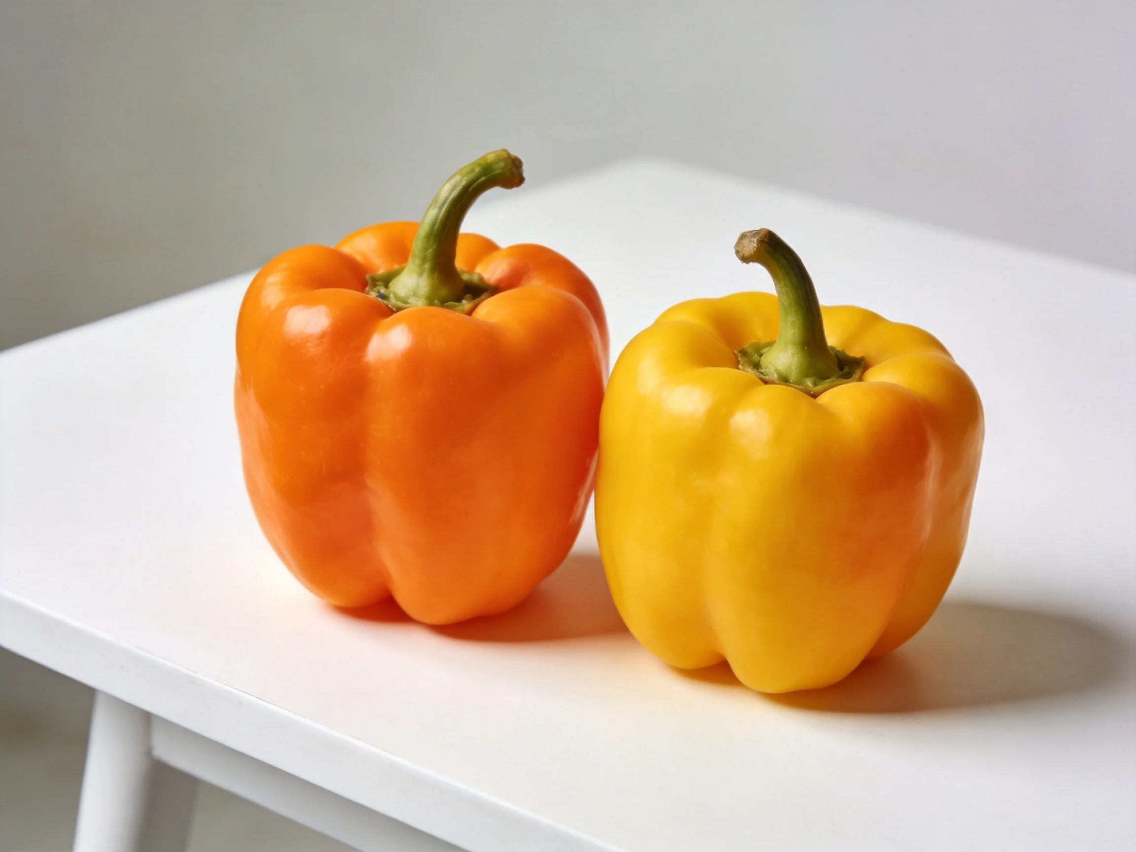 Two vibrant bell peppers, one orange and one yellow, rest on a white surface.