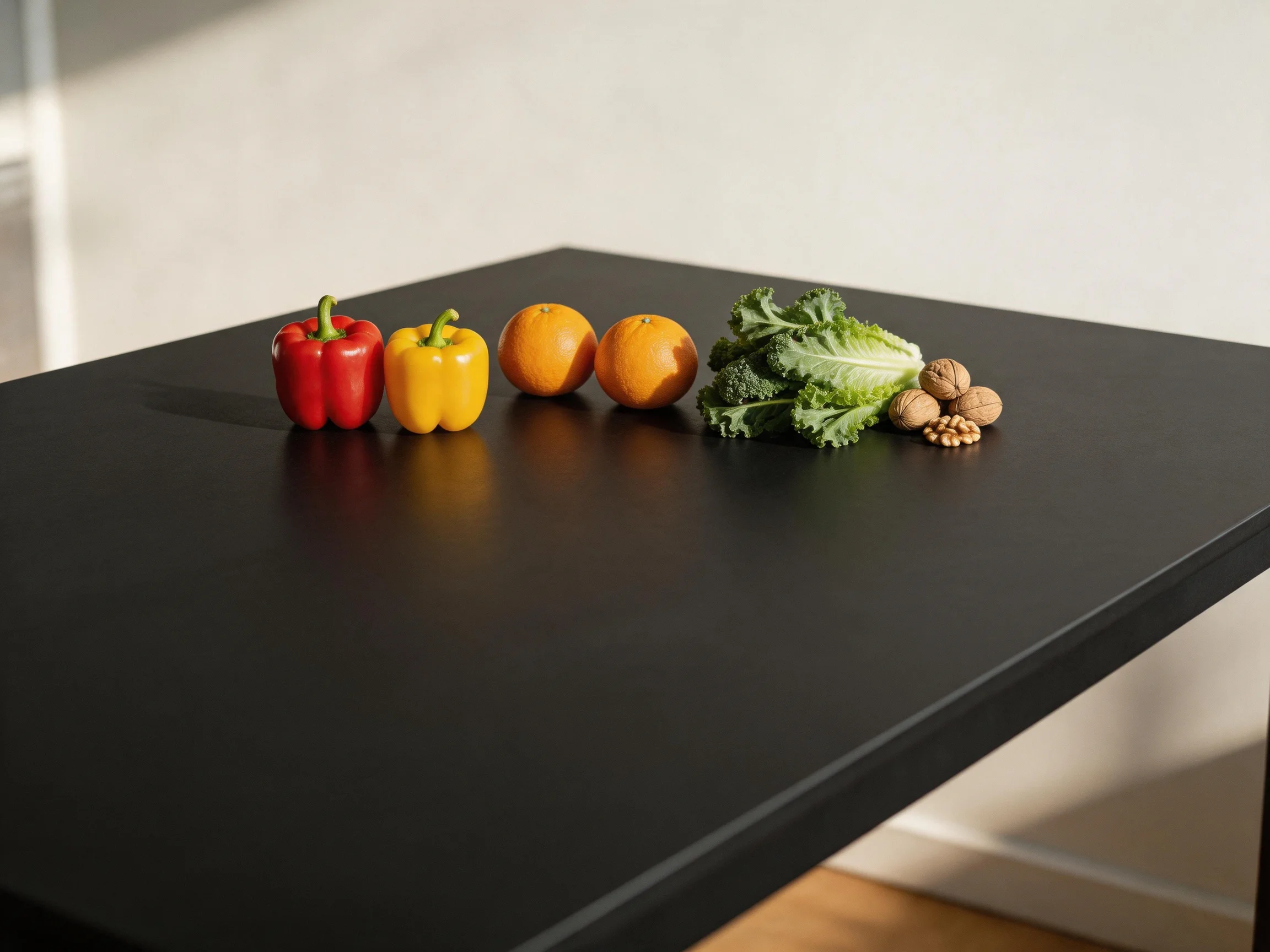 Two vibrant bell peppers, two oranges, leafy greens, and mixed nuts on a sleek black table