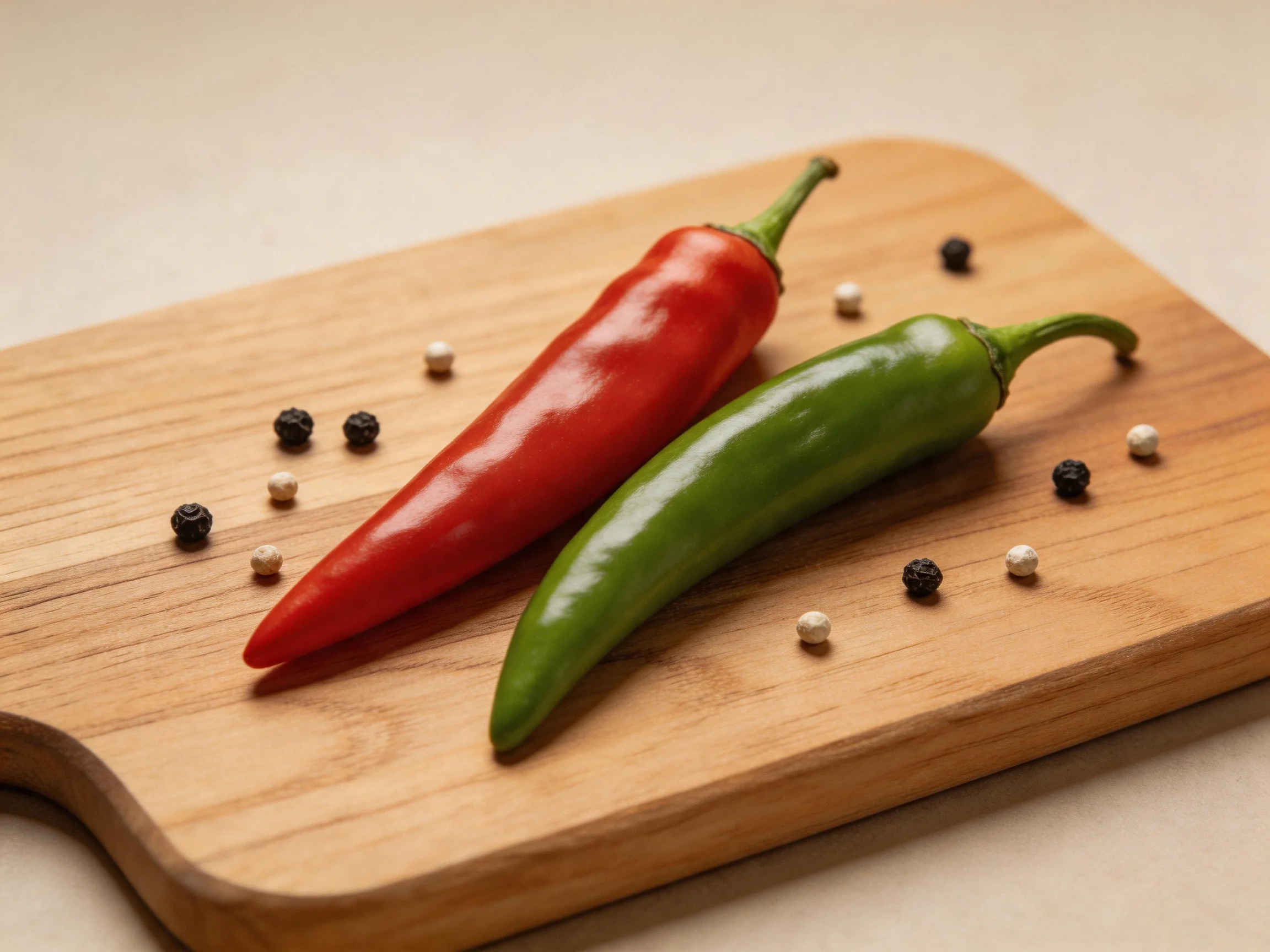 Two vibrant chili peppers rest on a wooden cutting board with scattered peppercorns