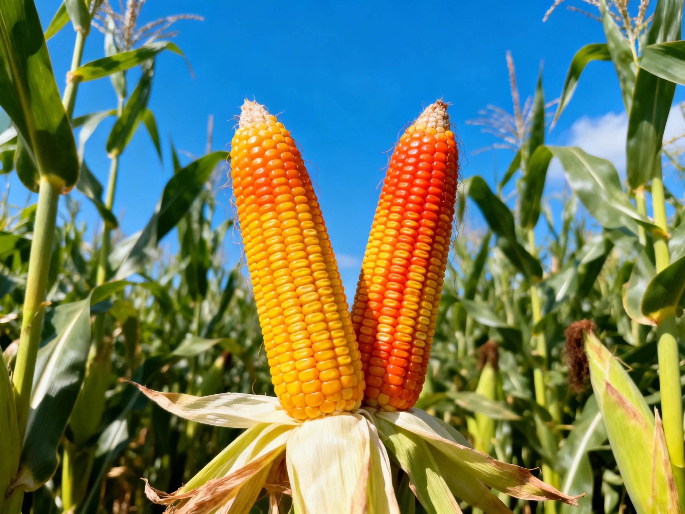 Two vibrant corn cobs displayed amid tall green corn stalks under clear blue sky