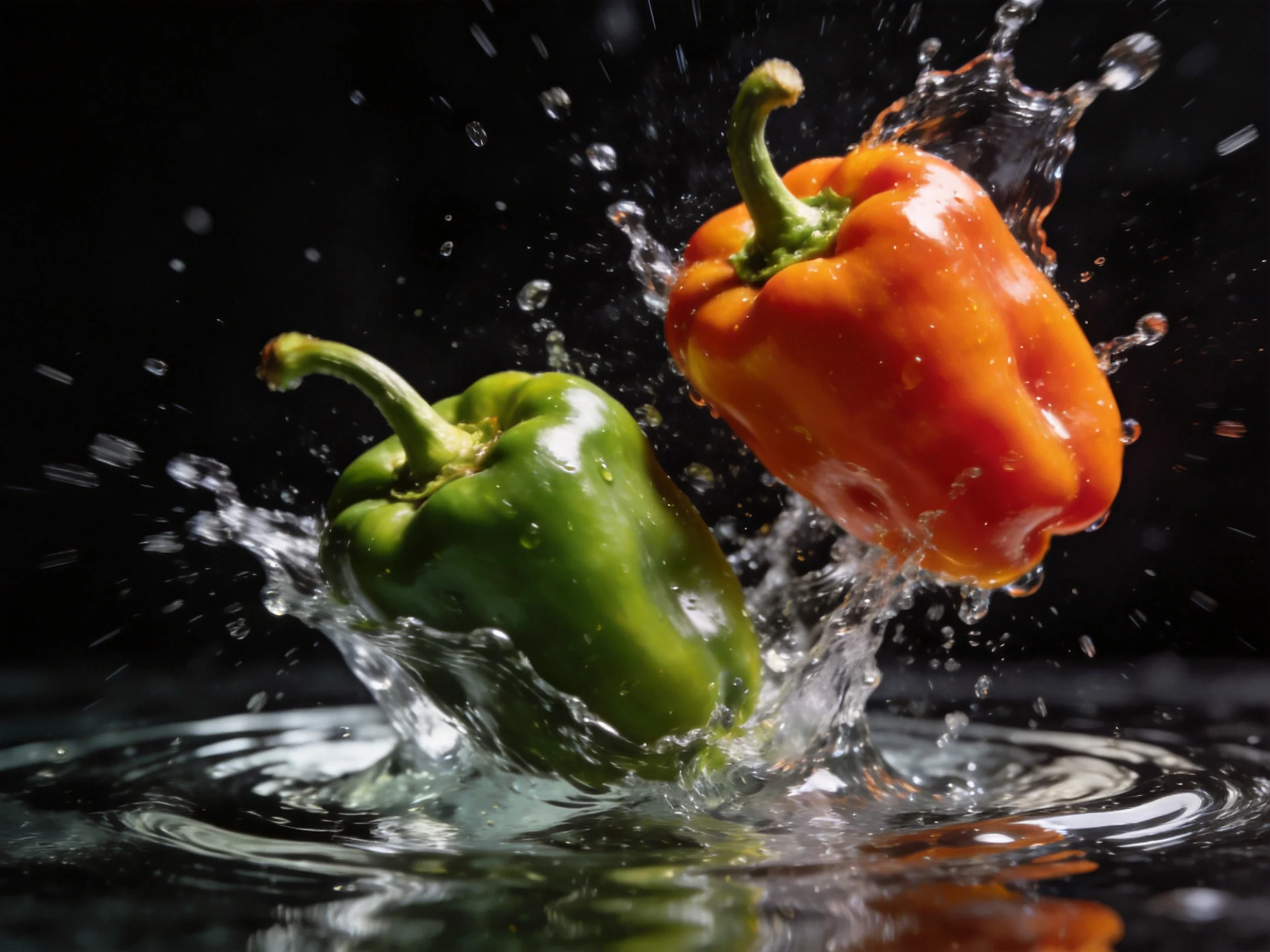Two vibrant green and red bell peppers splashing into clear water