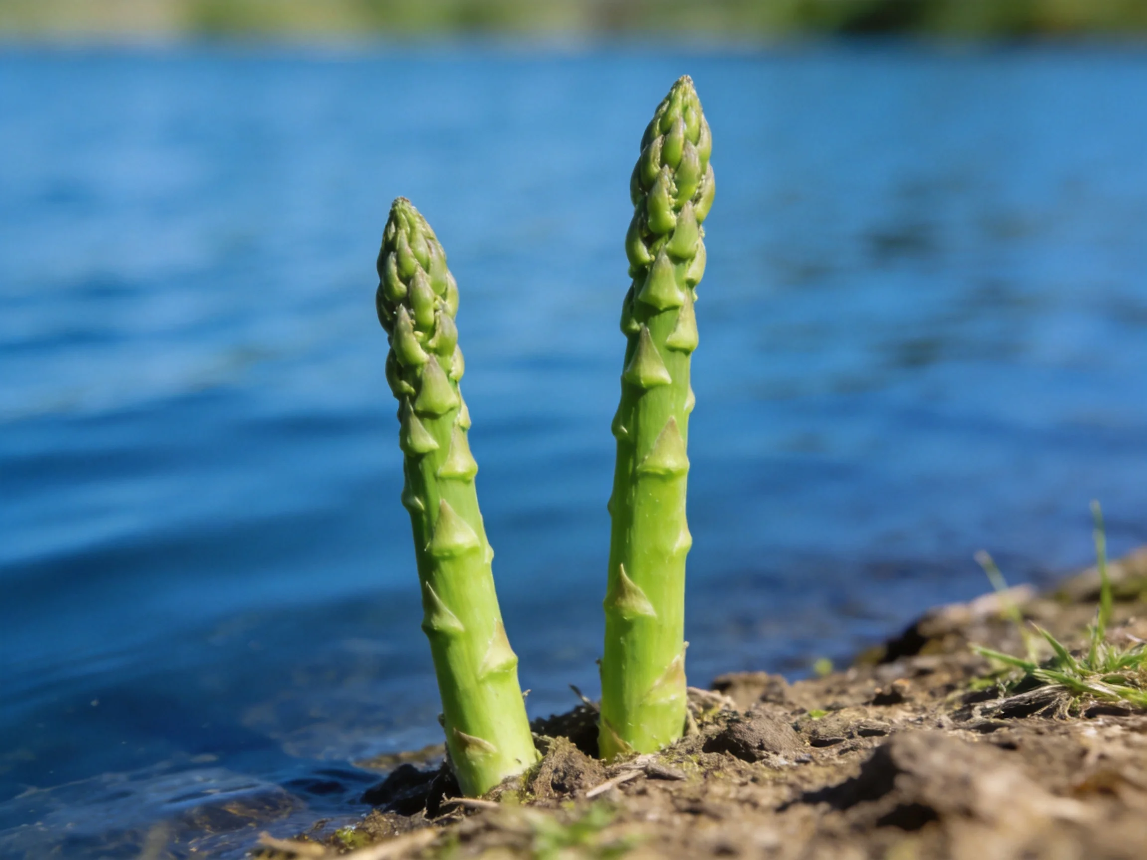 Two vibrant green asparagus spears emerge from soil beside tranquil blue water