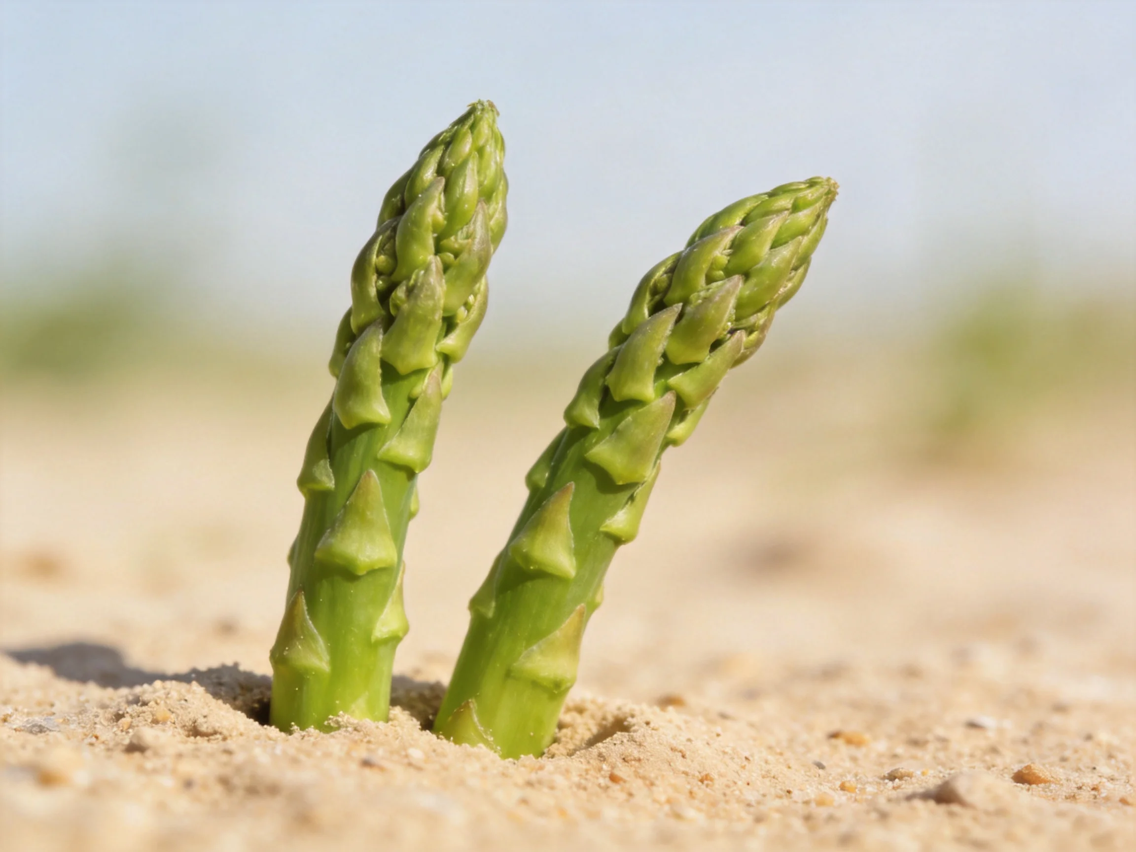 Two vibrant green asparagus spears emerging from sandy soil under bright light
