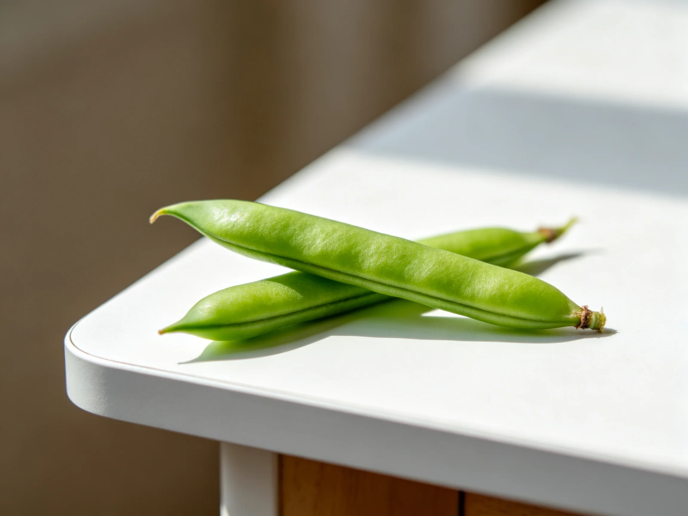 Two vibrant green pea pods rest on a white tables edge