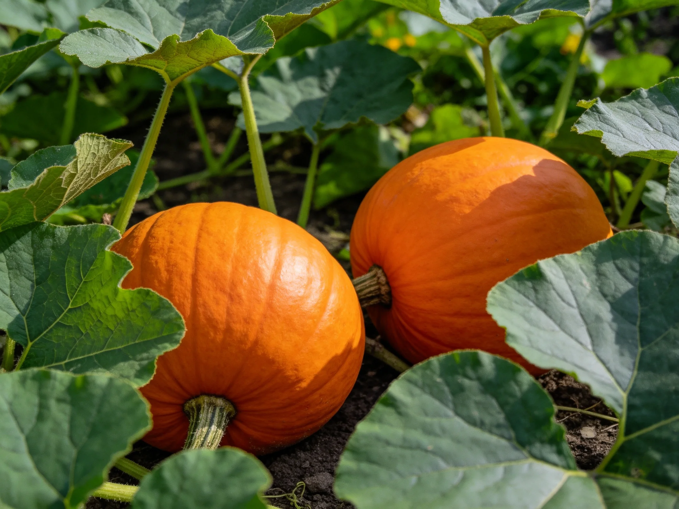 Two vibrant orange pumpkins nestled among large green leaves in a garden