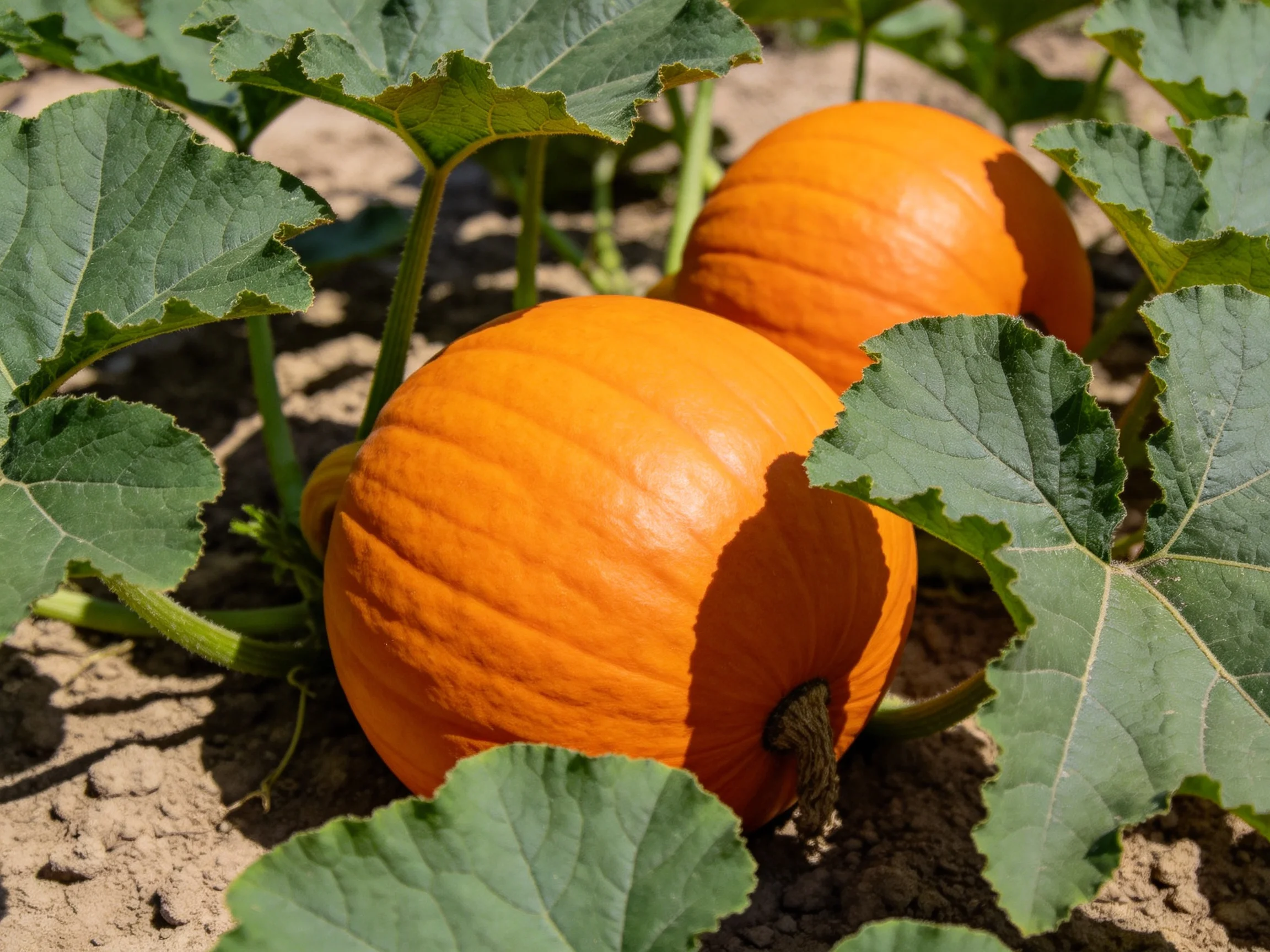 Two vibrant orange pumpkins nestled among large green leaves in sandy soil