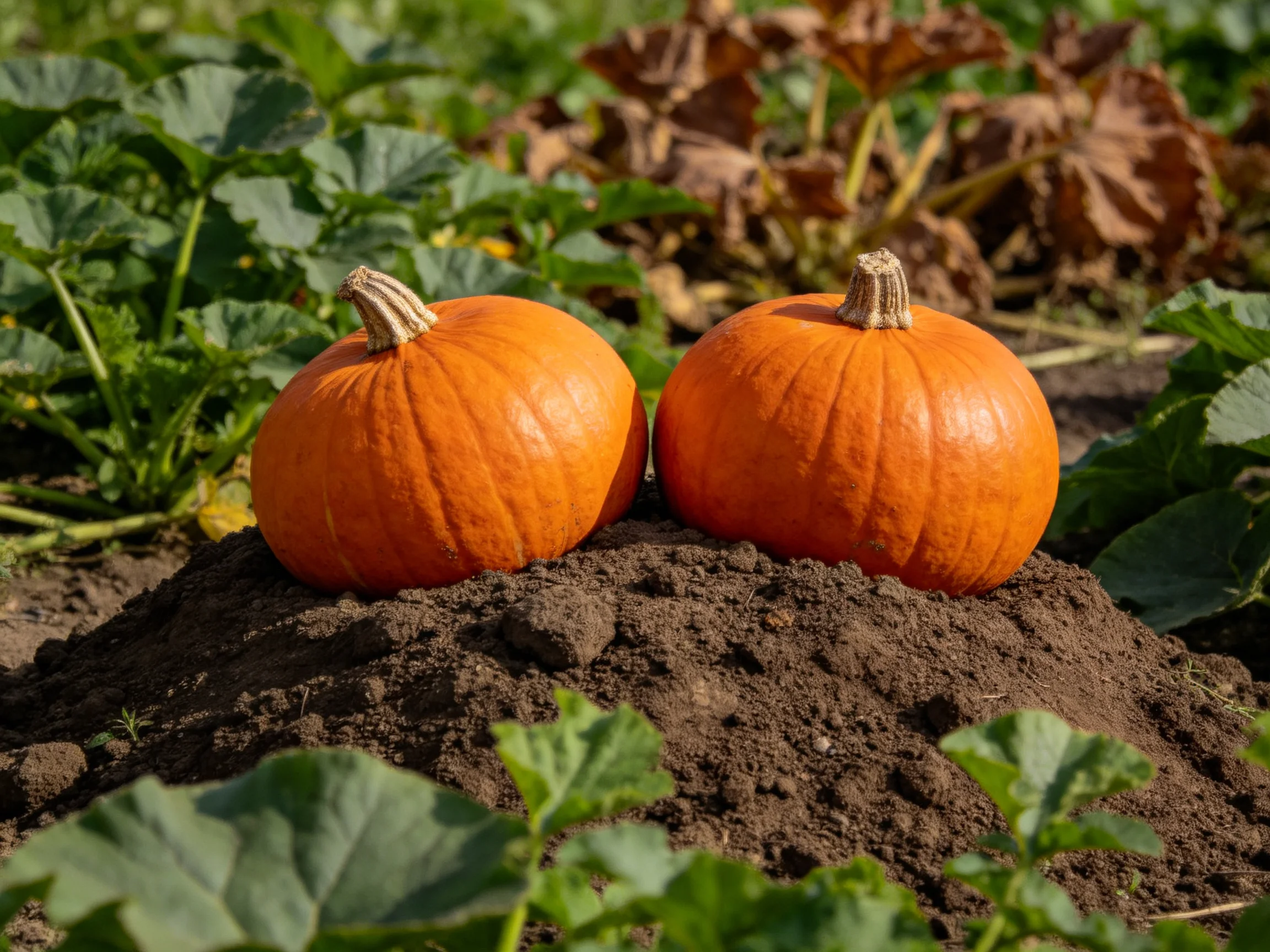 Two vibrant orange pumpkins rest atop dark soil mound in lush garden setting