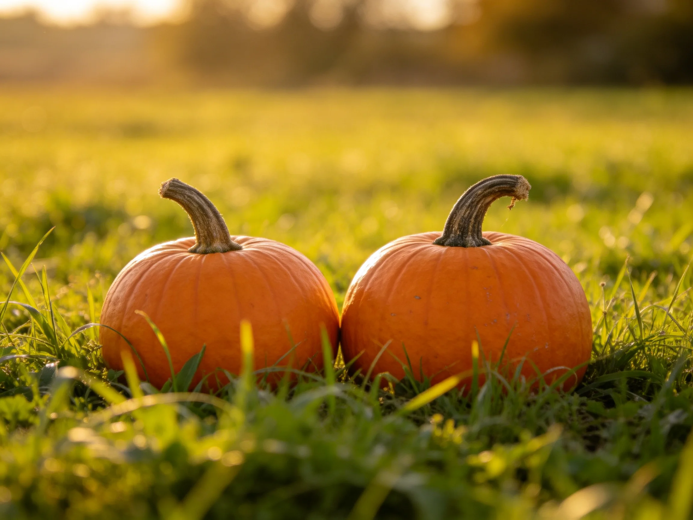 Two vibrant orange pumpkins rest on lush green grass during golden hour