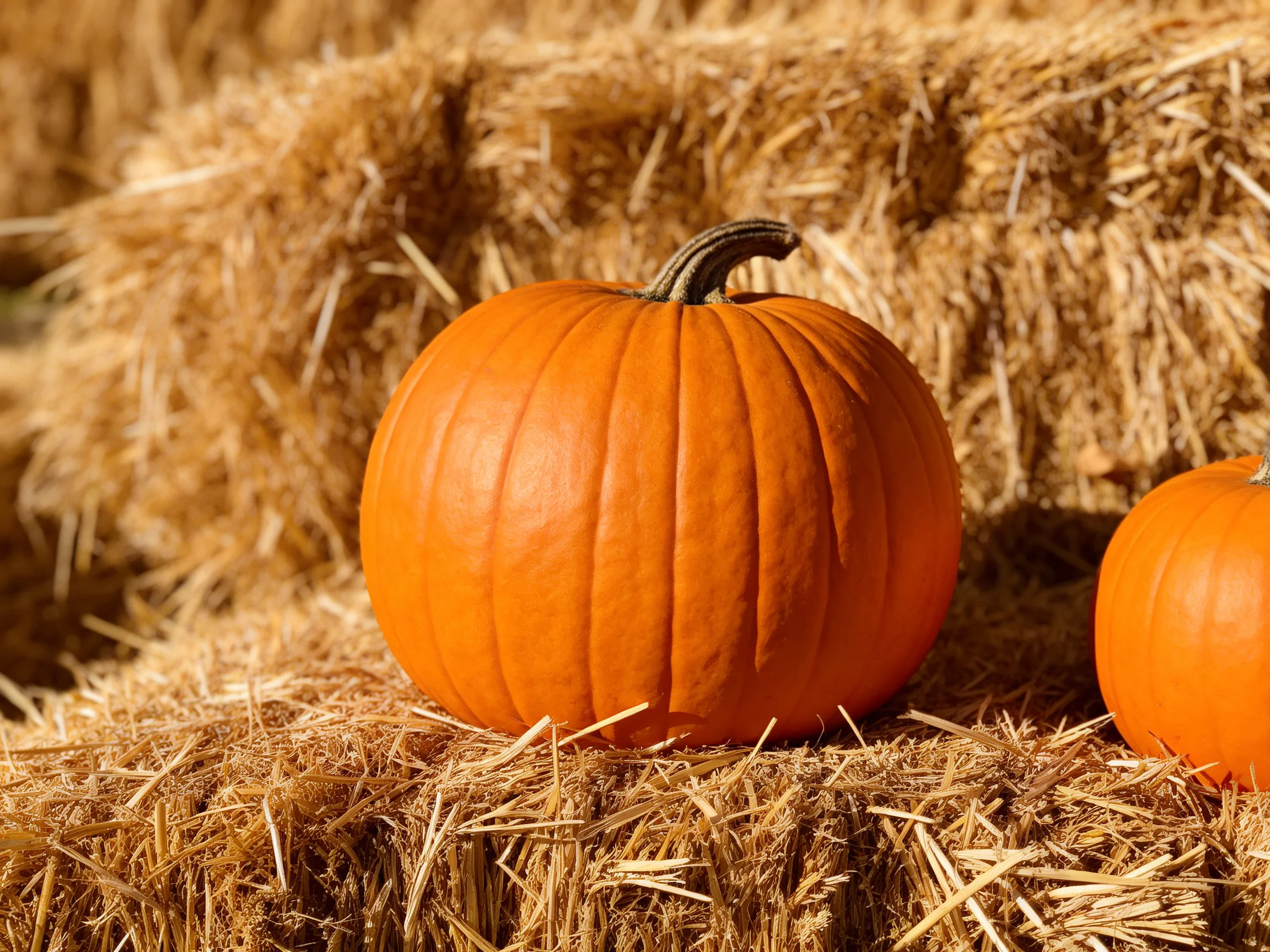 Two vibrant orange pumpkins rest upon golden straw bales